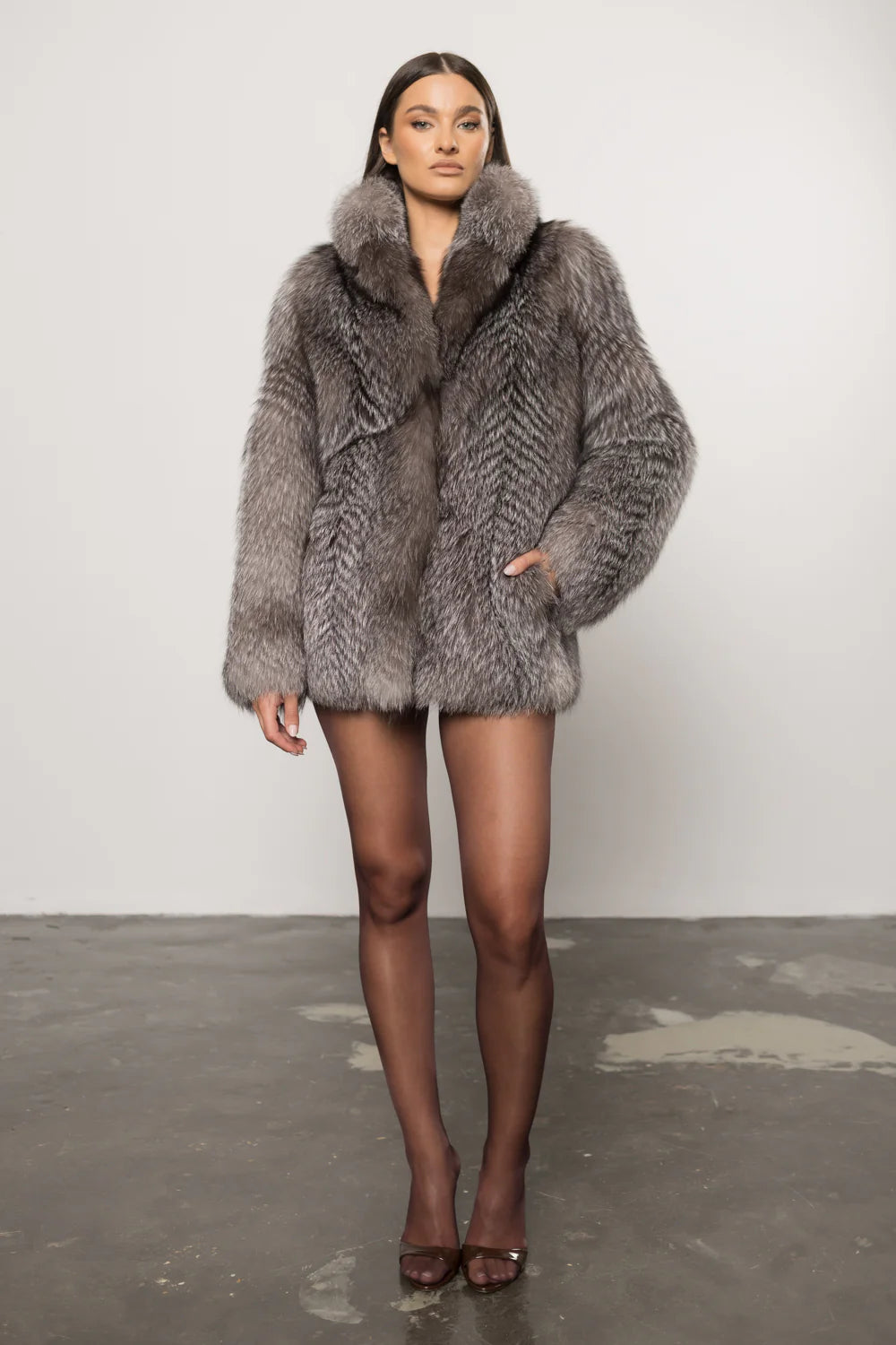 Haină din Blană Naturală de Vulpe Argintie, Femei, Silver Fox 435