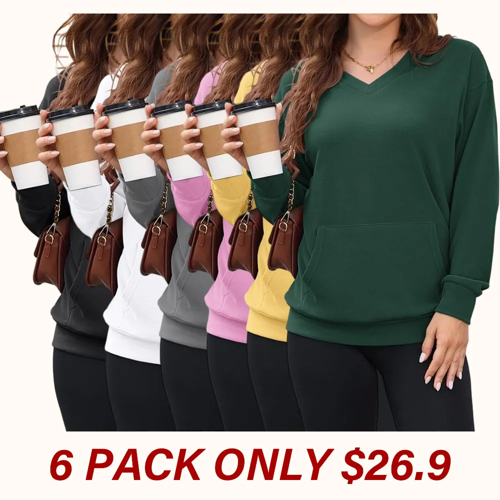 Women's hoodless V-neck fleece long-sleeved shirt with kangaroo pocket