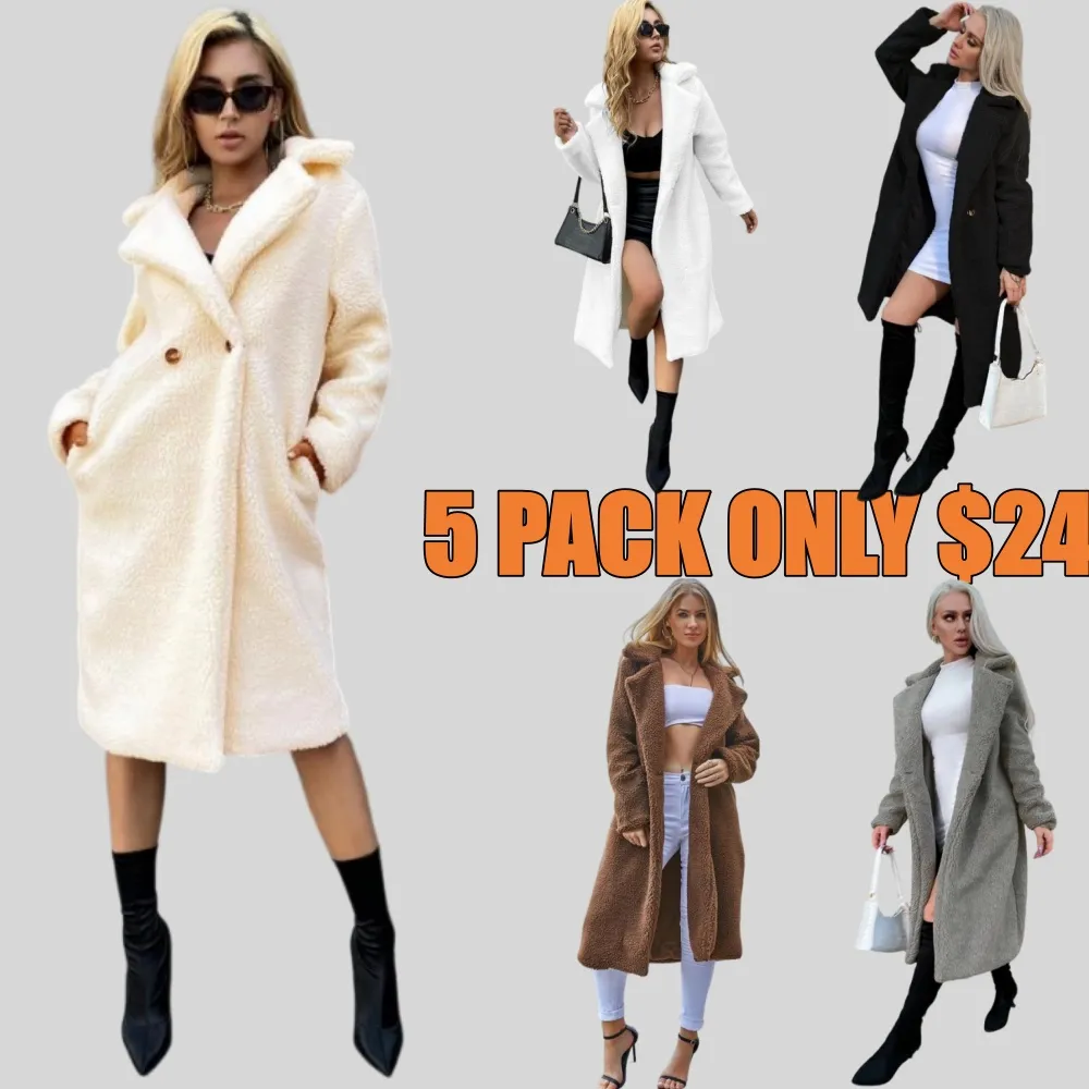 Women Faux Fur Pocket Button Lapel Coat