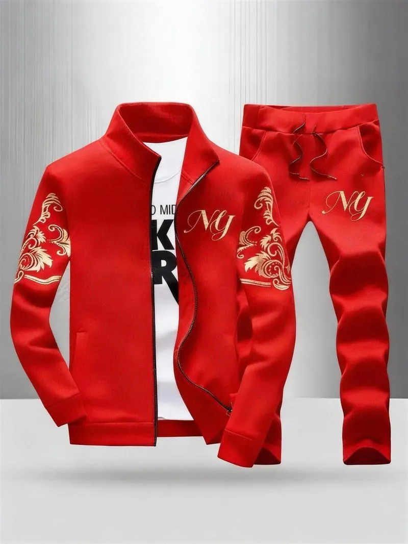 Men's Embroidery Stand Collar Tracksuit 2-Piece Full Zip Sportswear for Daily Casual Yellow Sweatsuit Matching Set