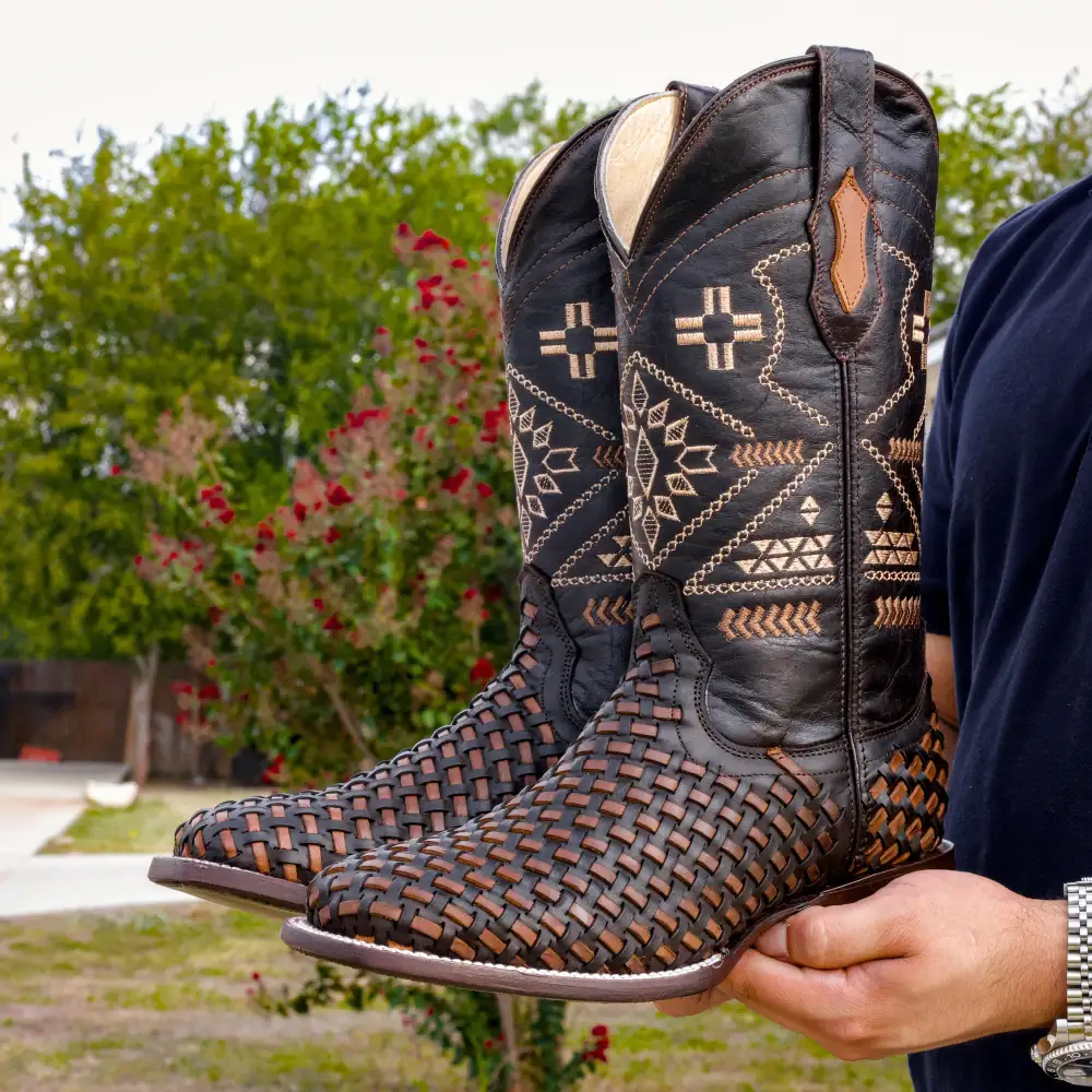Brown Basketweave Leather Boots - Square Toe