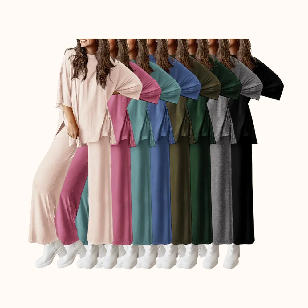 Women's 2-Piece Outfits Short Sleeve Pullover Tops Split Hem Wide Leg Pants Lounge Sets