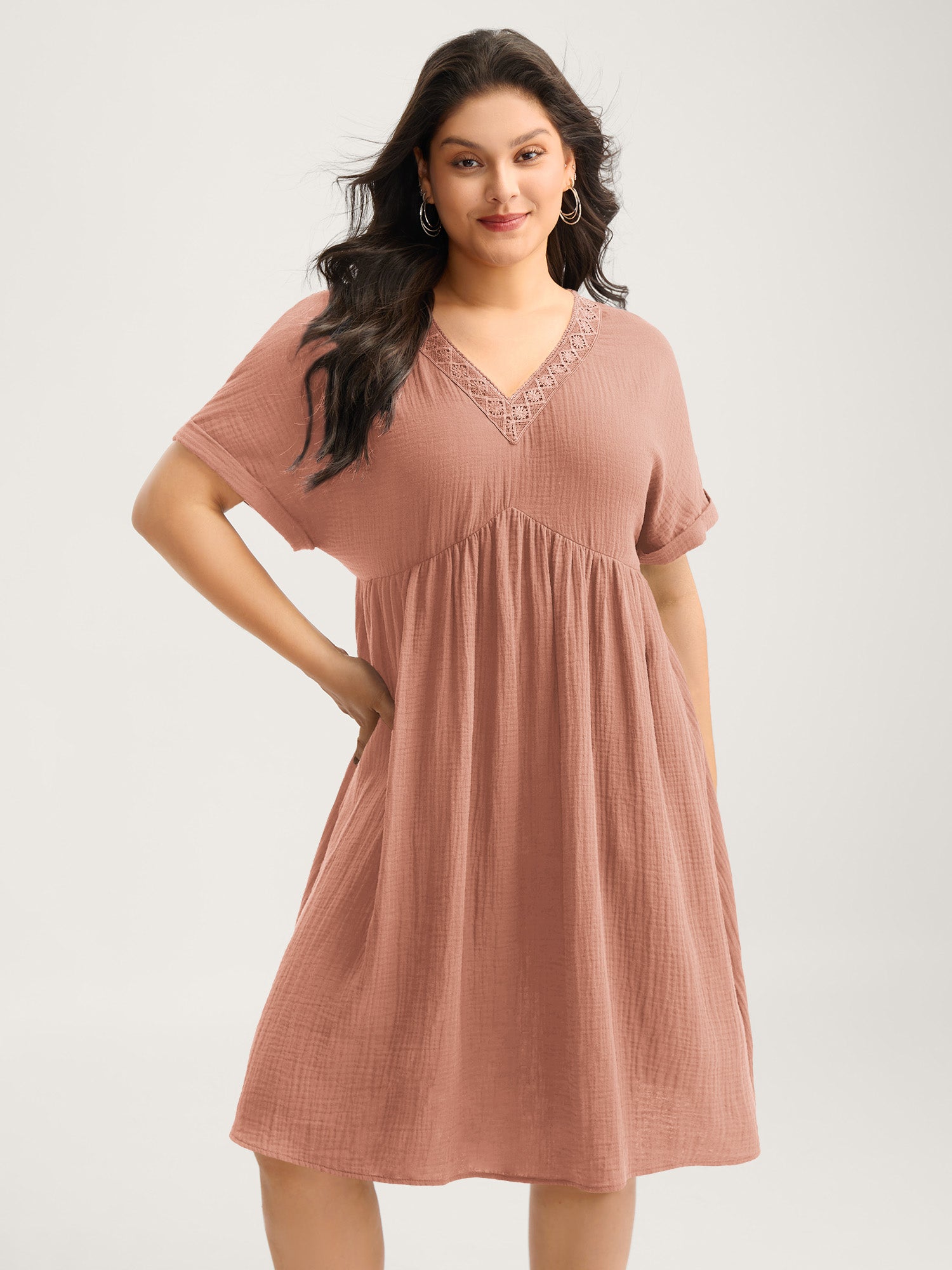 Pure Cotton Lace V-Neck Solid Mini Dress