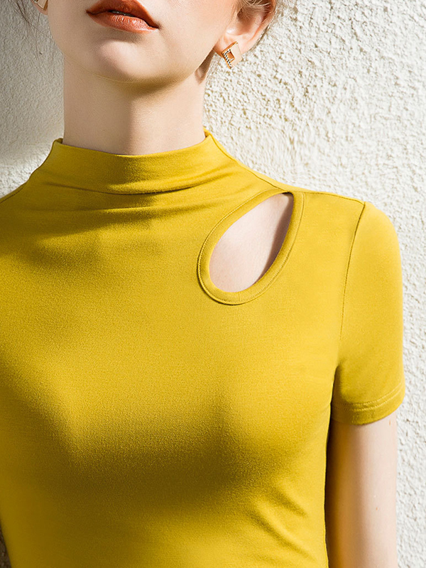 Hollow Solid Color Skinny Half Turtleneck T-Shirts Tops