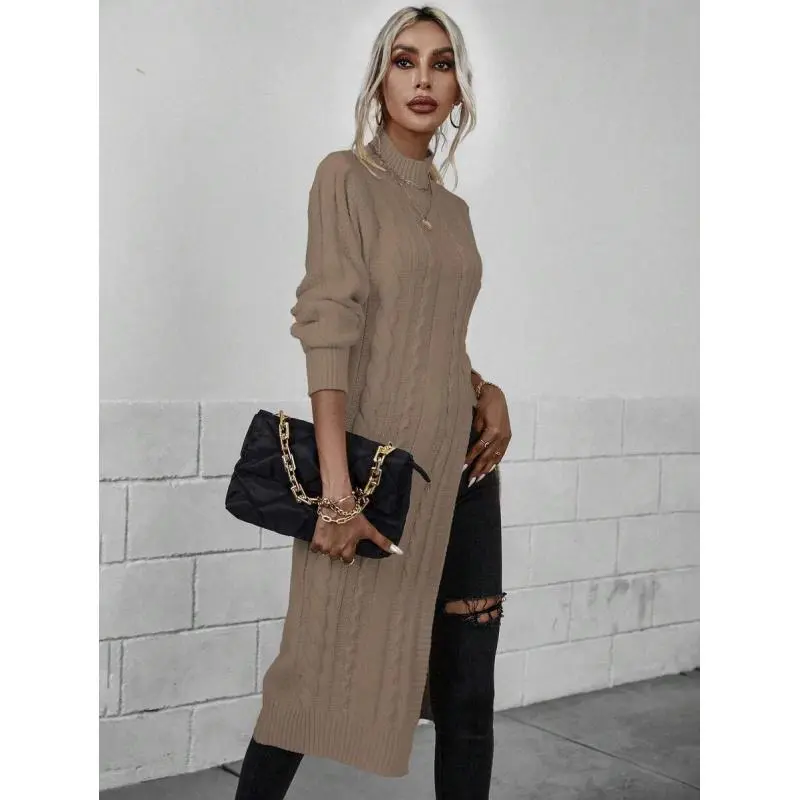 Sweater Mock Neck Split Hem Cable Knit Longline for Fall