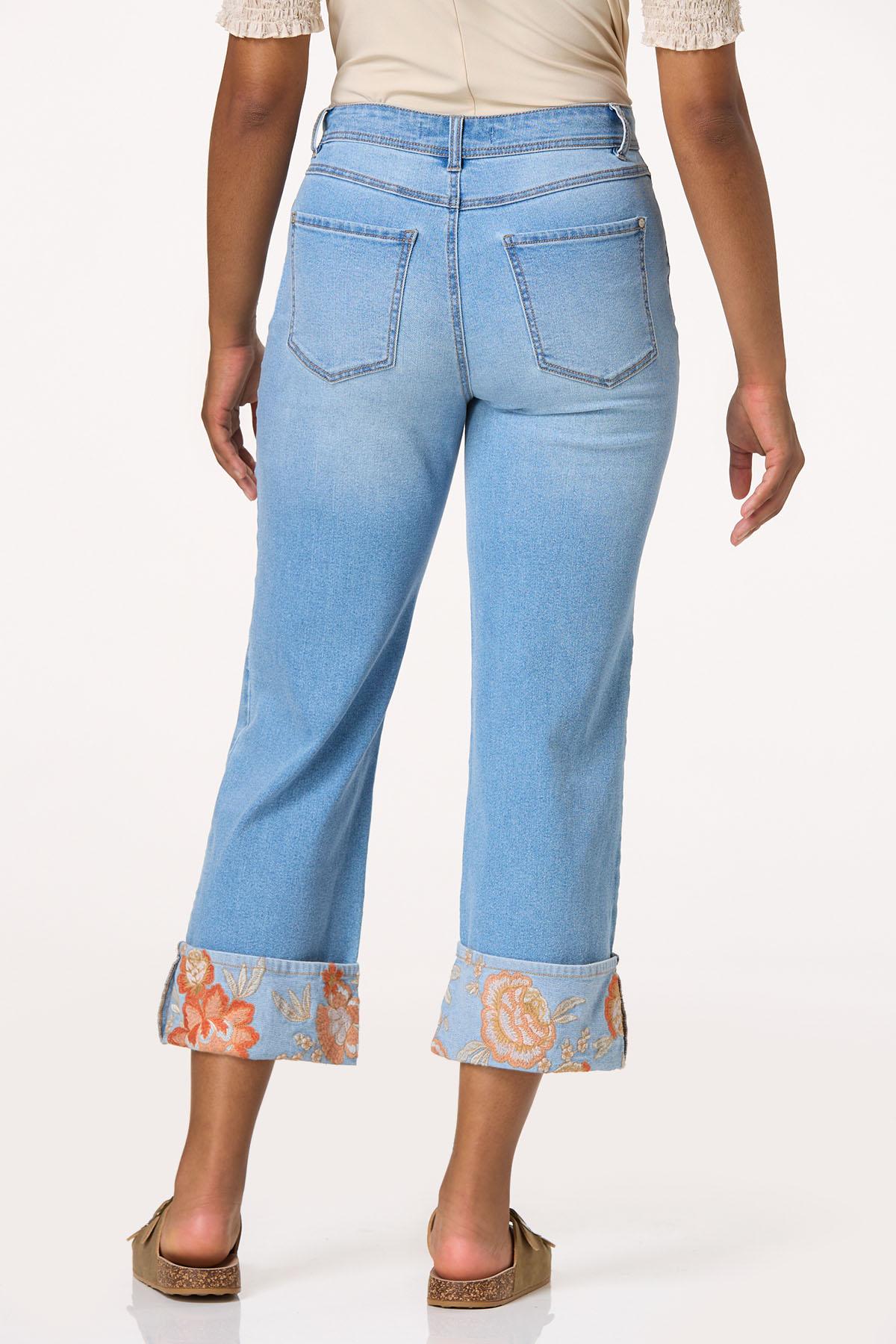 Cropped Floral Embroidered Cuffed Jeans