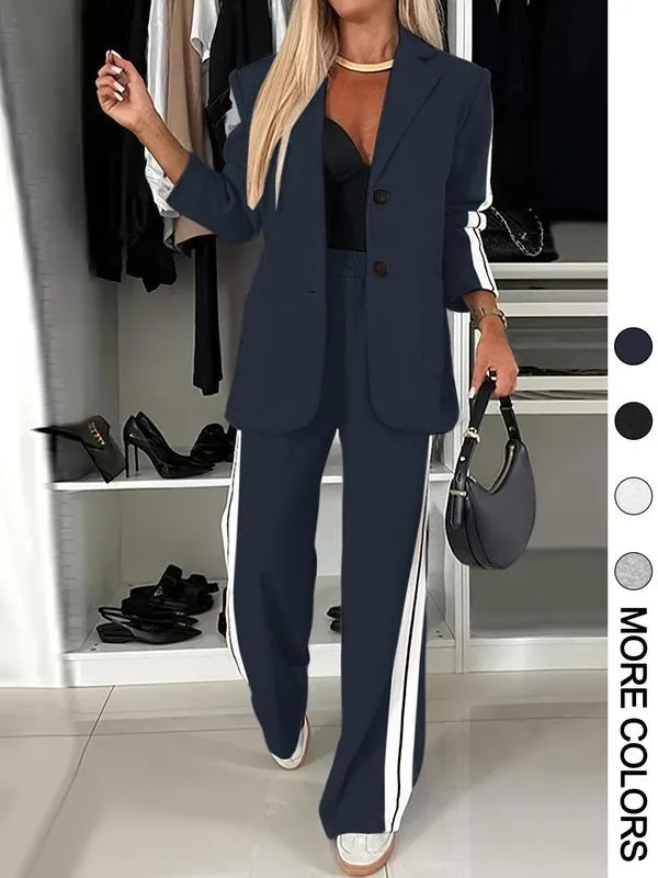 Women's Striped Print Blazer Jacket & Wide Leg Pants Set