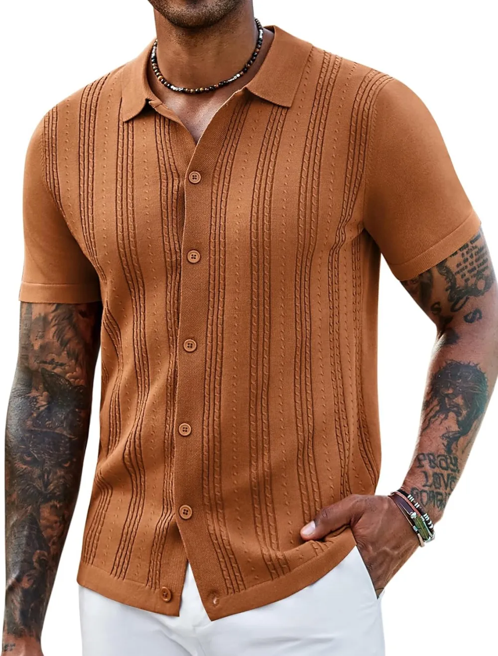 Men's Knit Shirts Short Sleeve Casual Button Down Polo Shirt Summer Beach Vacation Shirts Outfit Top