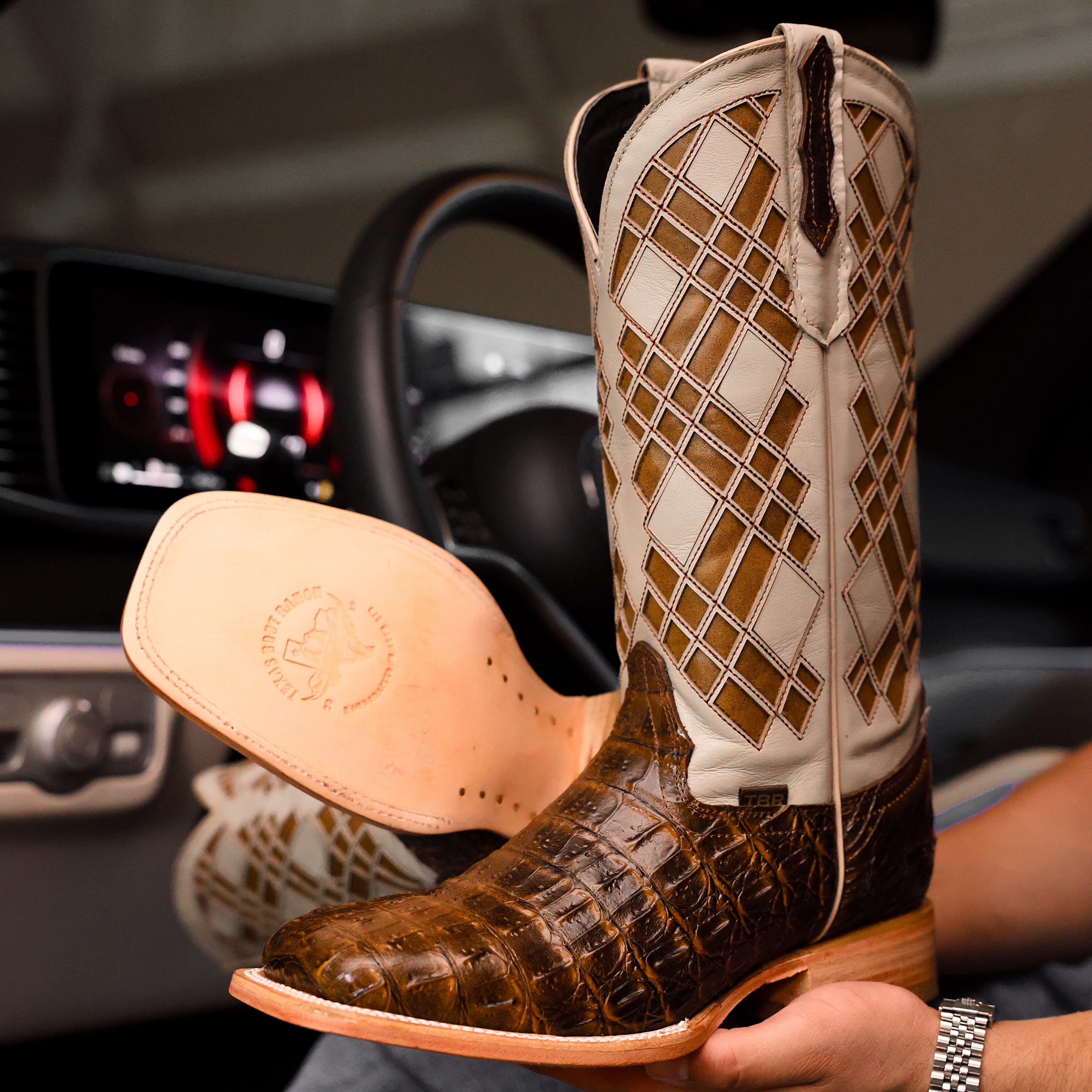 Honey Caiman Hornback Leather Boots - Square Toe