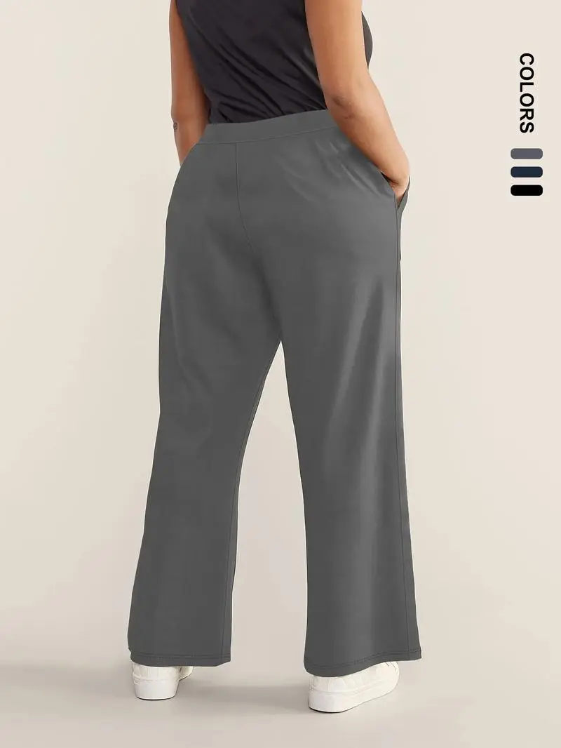 [Plus Size] Solid Color High Waist Straight Leg Pants, Casual Comfy Pocket Trousers for Daily Wear