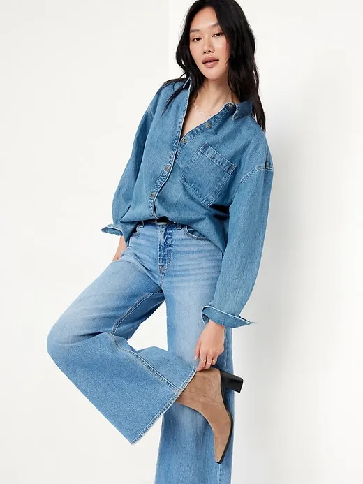 Boyfriend-style button-down denim shirt