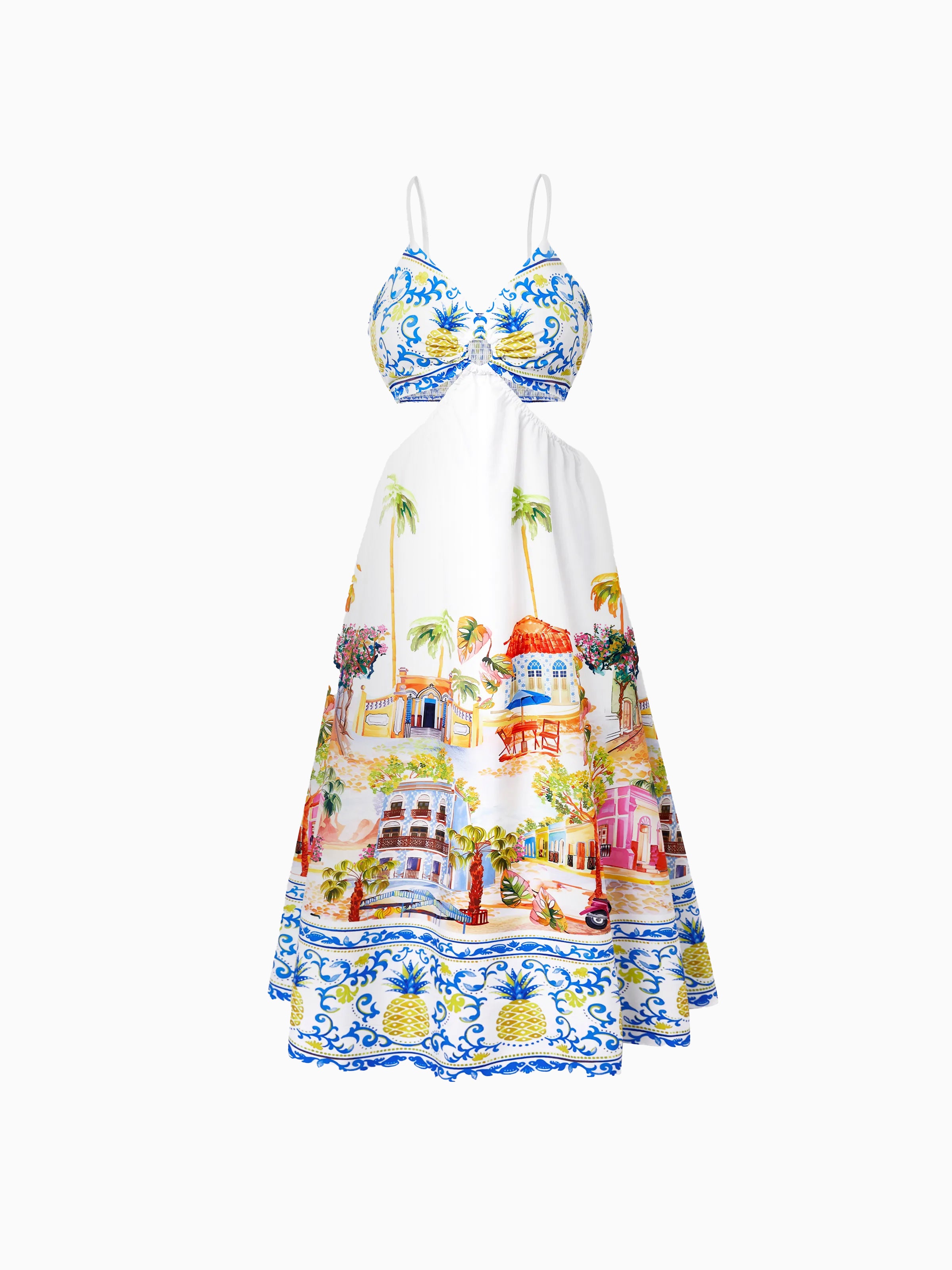 Family Matching Vacation Set Tropical Pineapple Coconut Tree Print Short-sleeve T-shirt or Hollow out Strap Dress for Summer Vacation  White