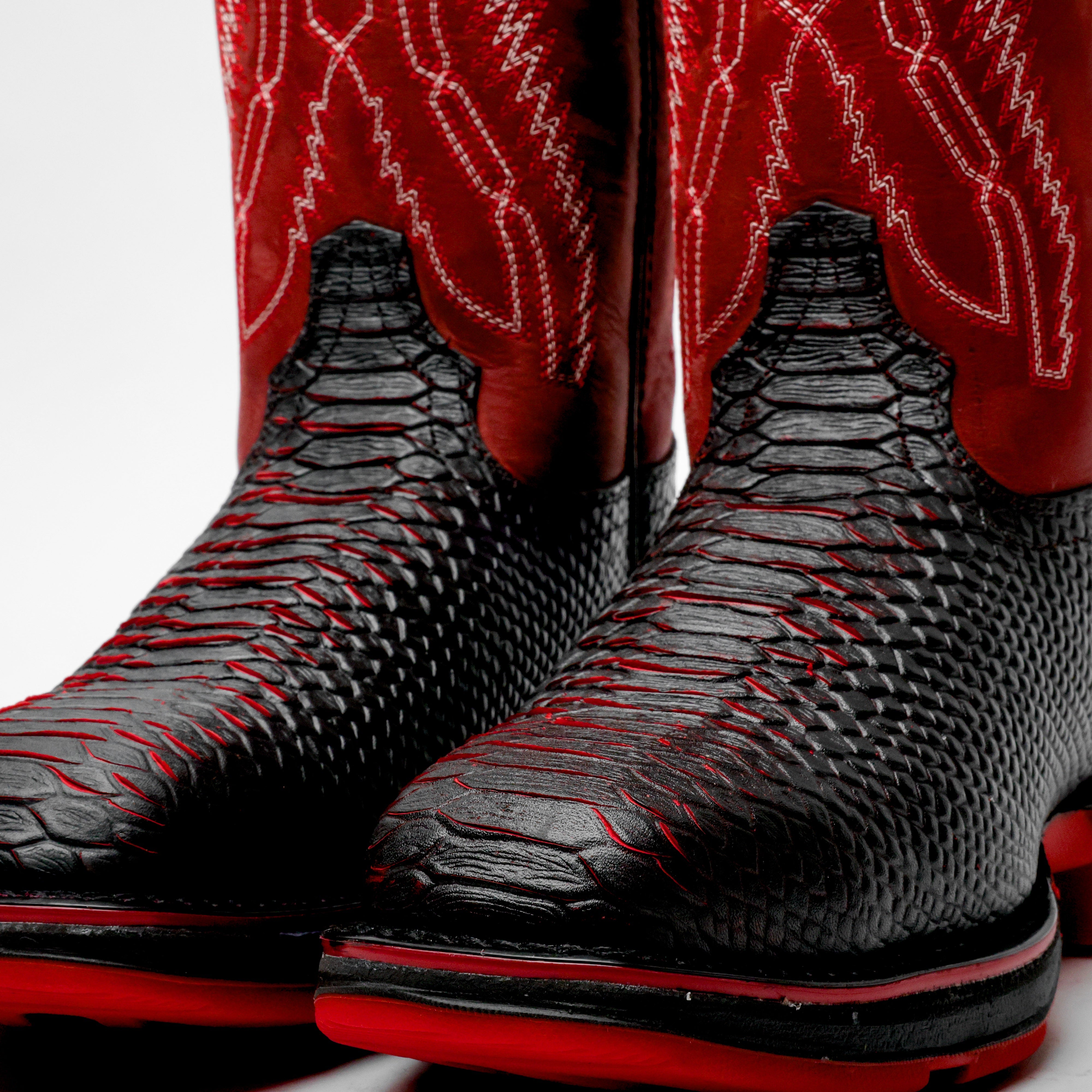 Black/Red Python Leather Boots With 3D Lightweight Sole - Composite Toe
