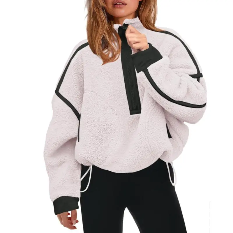 Women's Half Zip Sherpa Fleece Color Block Pullover Soft Oversized Sweatshirt