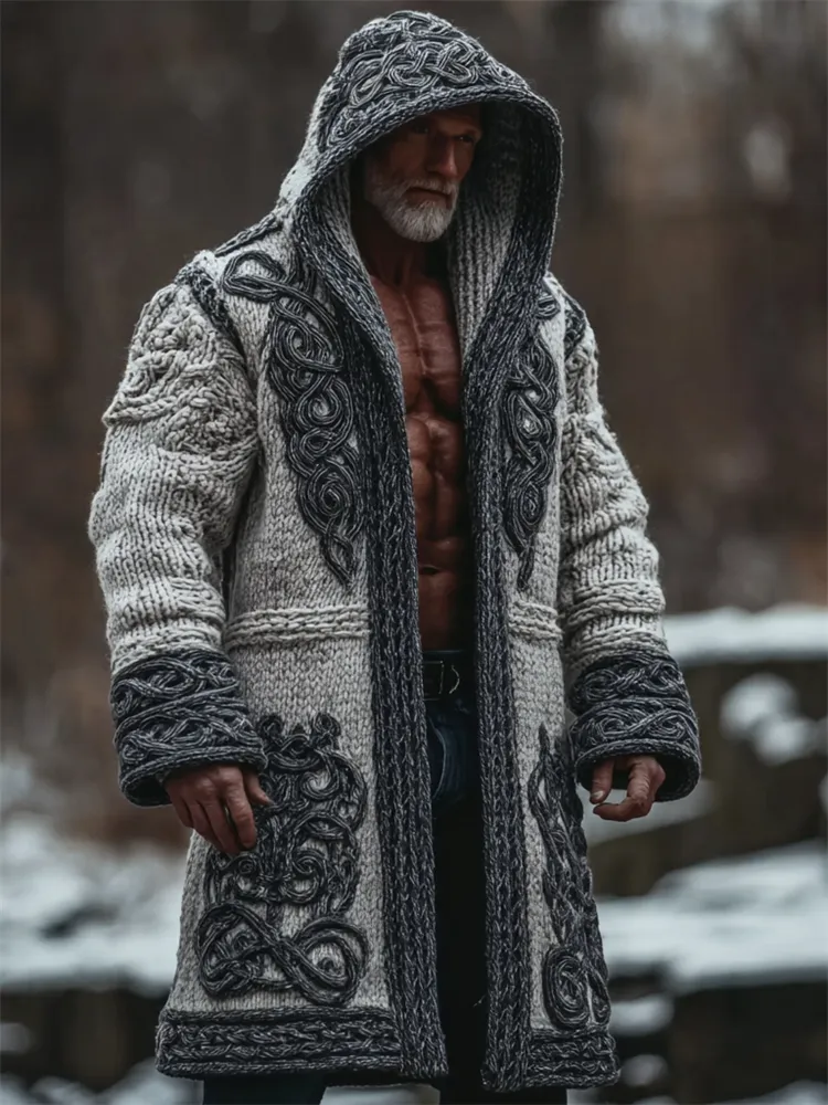 Men's Viking Celtic Knot Chunky Cozy Hooded Long Cardigan