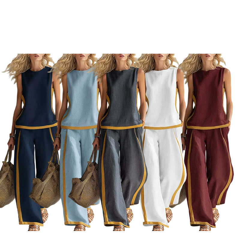 Women's Sleeveless Color Block Top & Wide Leg Pants Set – Casual Summer 2-Piece Outfit