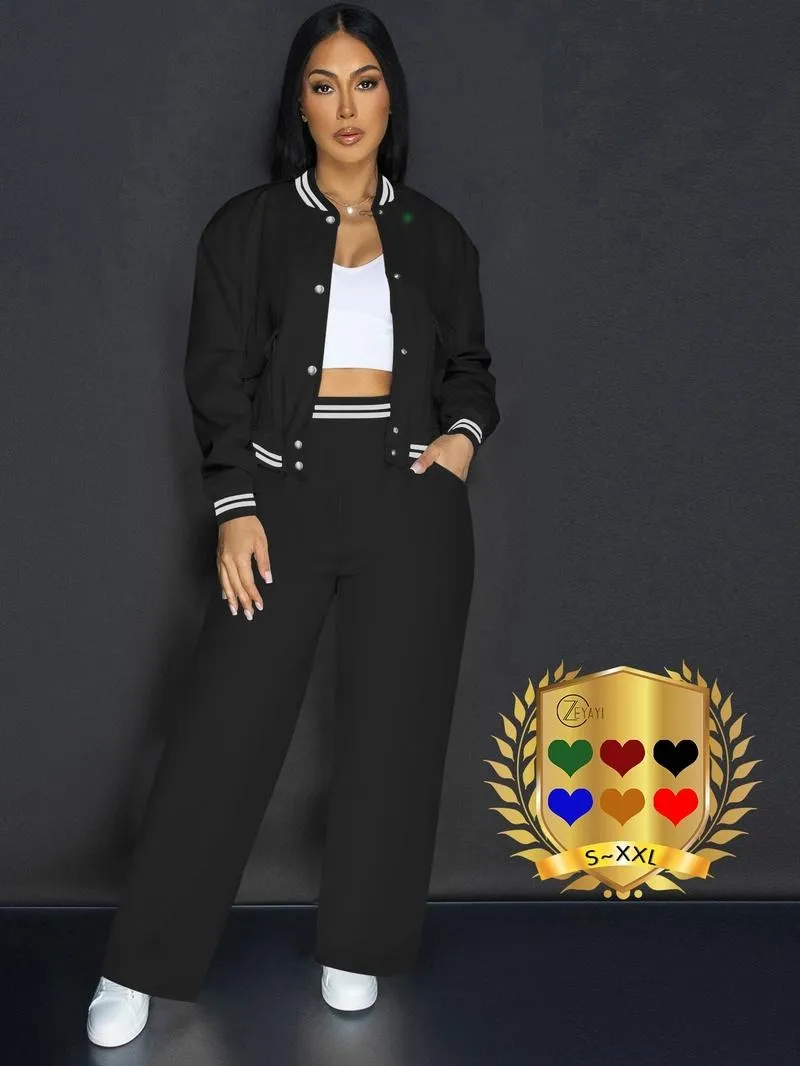 Women's Casual Baseball Jacket, Solid Color Sports Wear, Pocket Sportswear