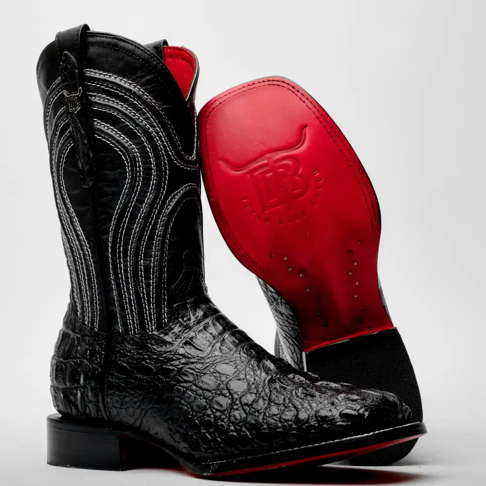 Black Caiman Neck Leather Boots - Square Toe