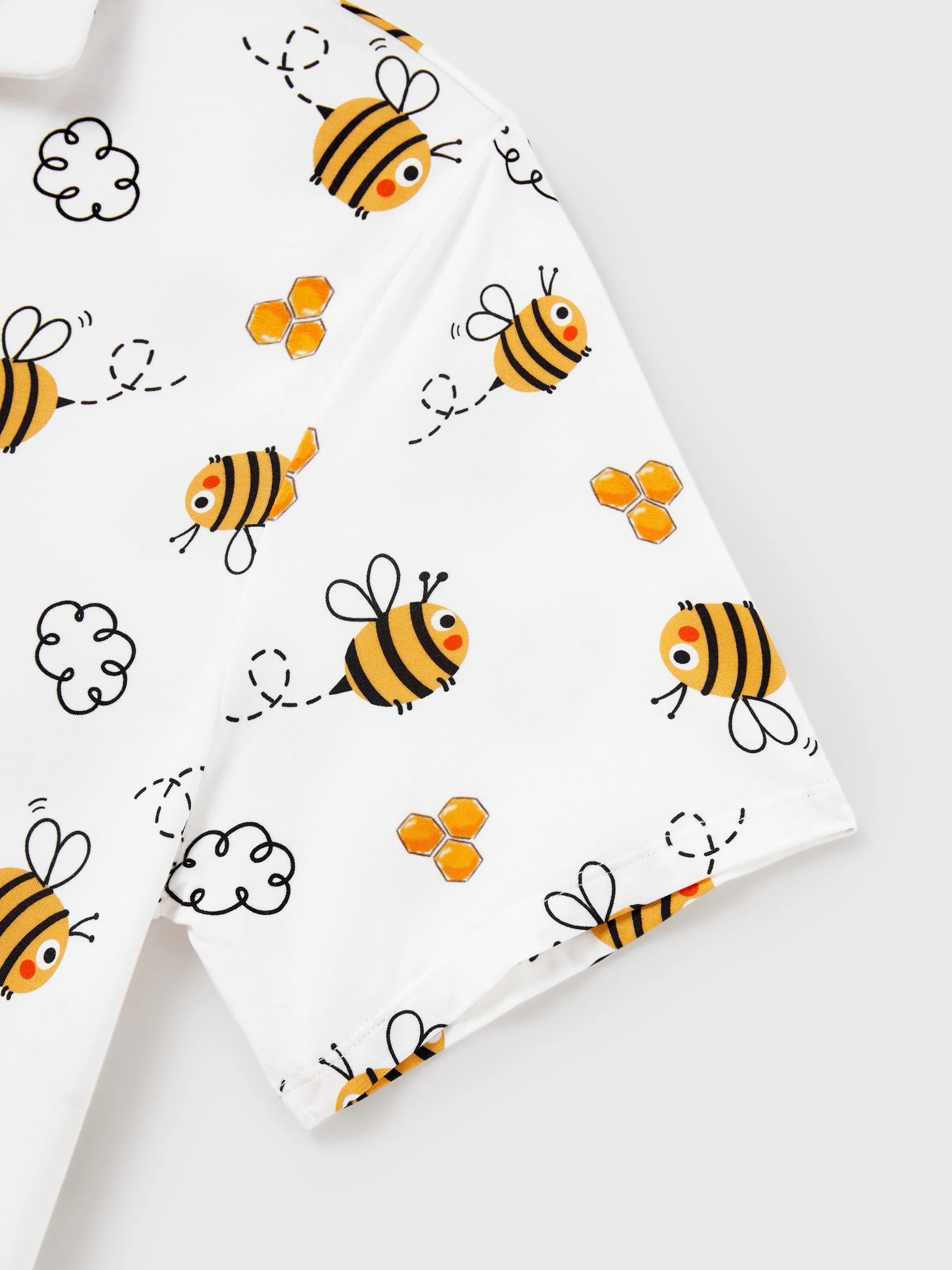 Family Matching Bamboo Pajamas Soft Bamboo Viscose PJs for Men Women Kids Toddler, Cute Bee Print Sleepwear with Short Sleeve Top and Long Pants White