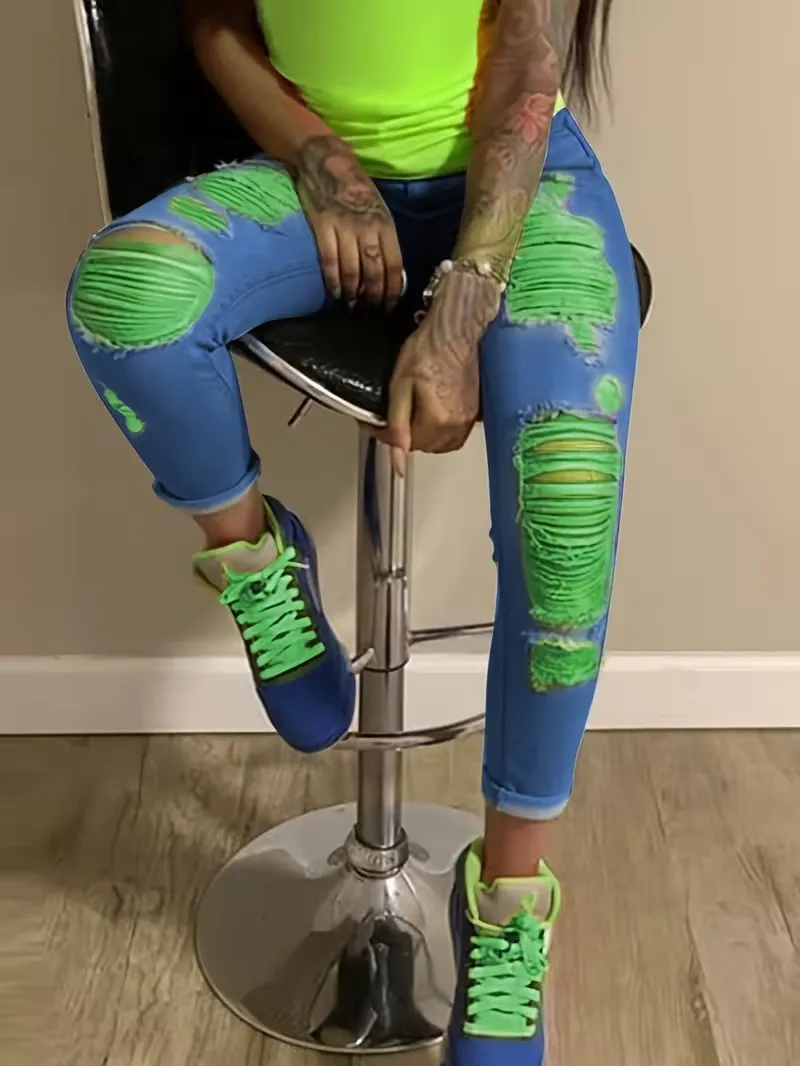 Women's Fashion Yellow Ripped Distressed Skinny Jean Slim Fit Denim Pants