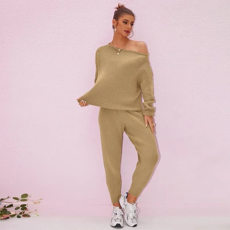 Women's 2025 Fall Winter Knit Set Oversized Sweater & Lounge Pants Matching Sets