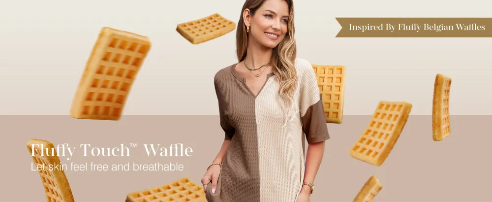 Womens Half Sleeve Waffle Knit Shirts V Neck Colorblock Blouses