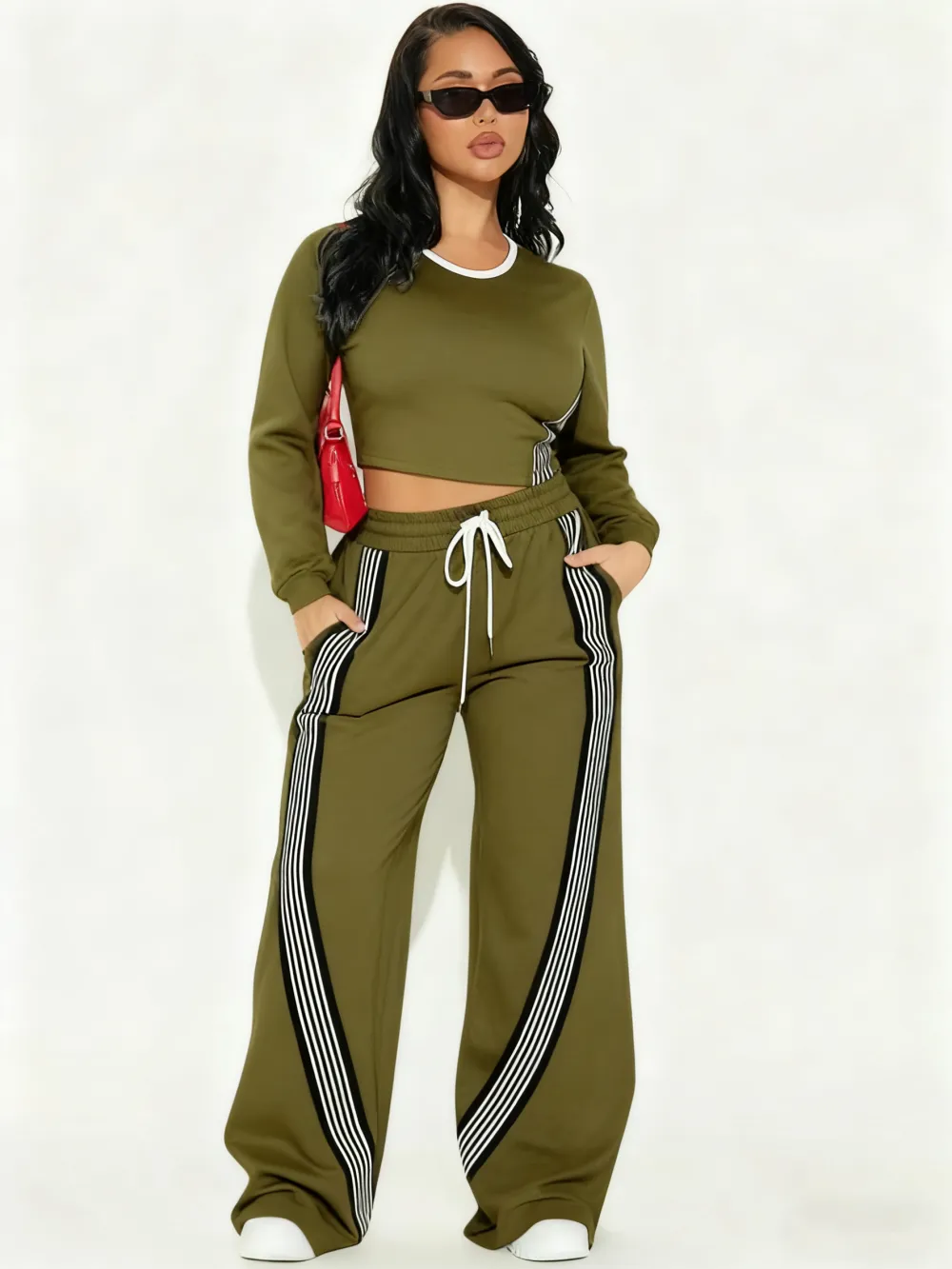 Women Casual Long Sleeve Top and Side Stripe Sports Pants Set