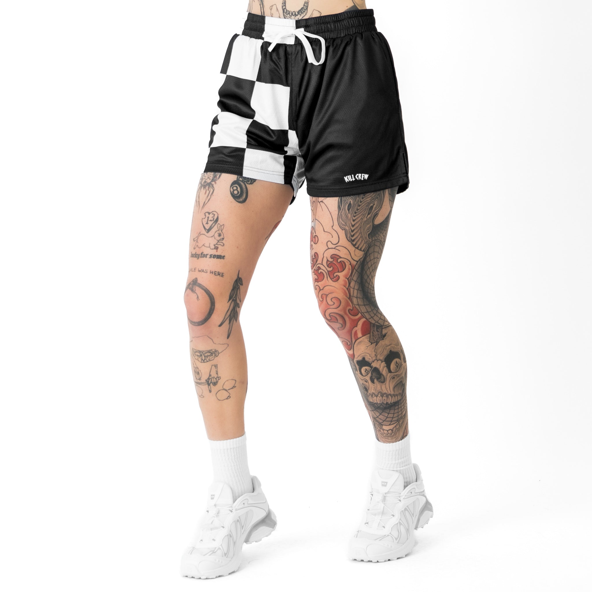 MUAY THAI SHORTS (MID THIGH CUT) CHECKER - BLACK / WHITE