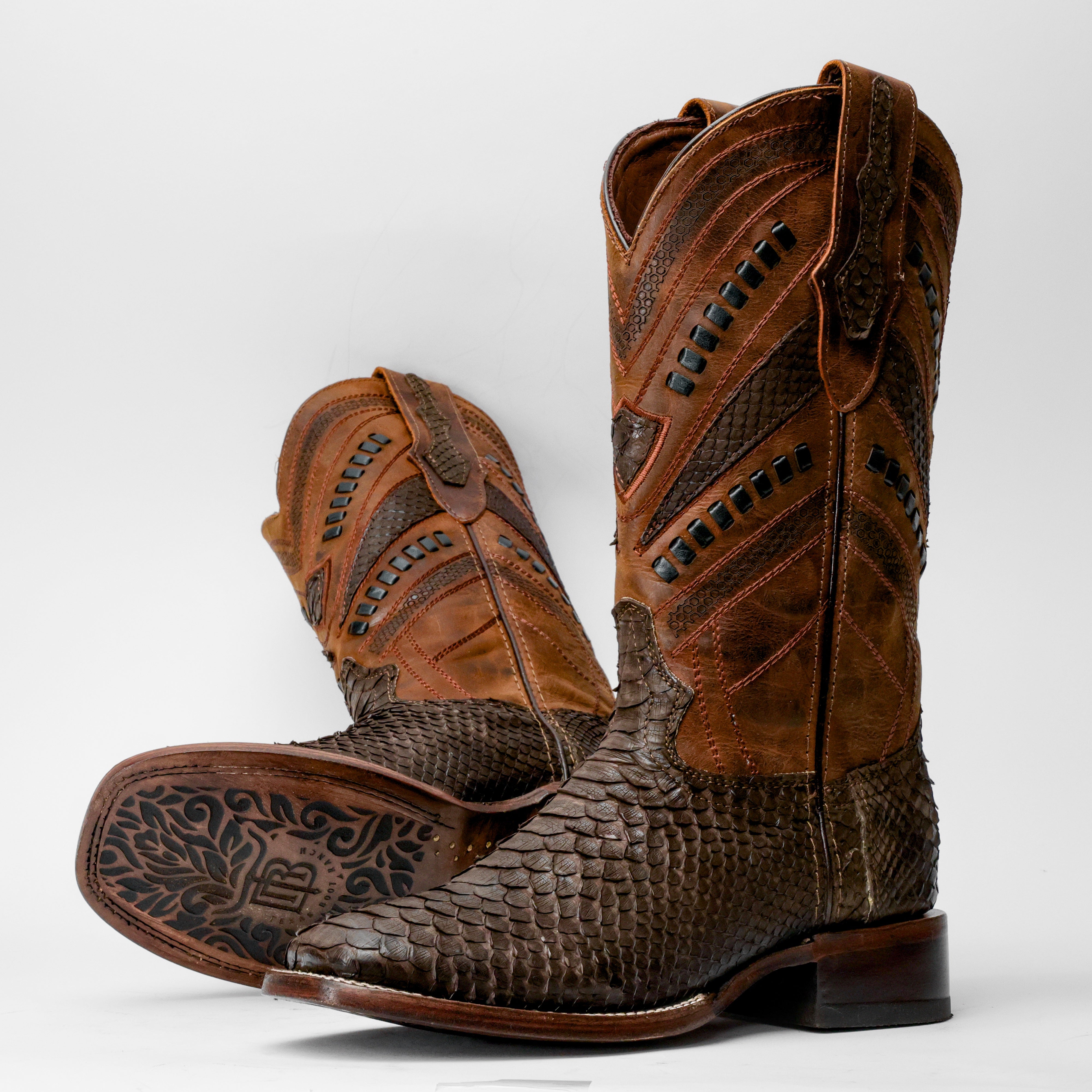 Matte Brown Genuine Python Boots - Square Toe