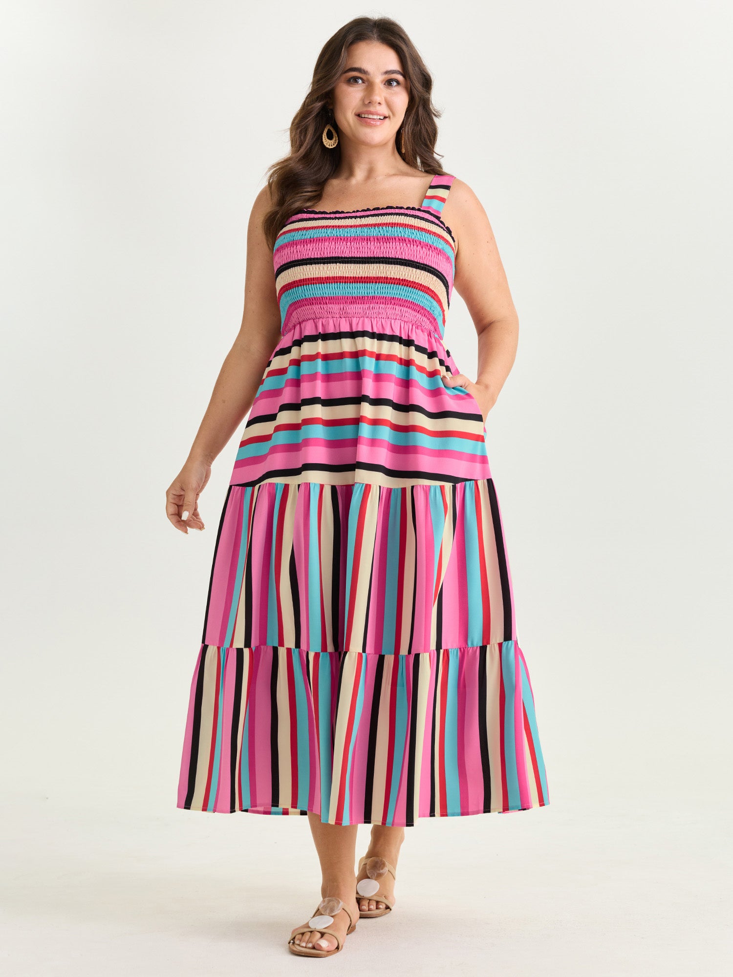 Bright Striped Print Wide Straps Maxi Dress