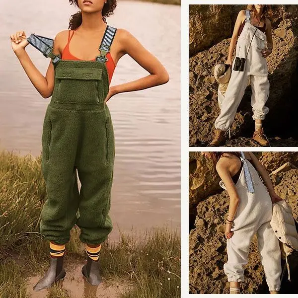 Women Fleece Overalls One-piece Bibs Jumpsuits
