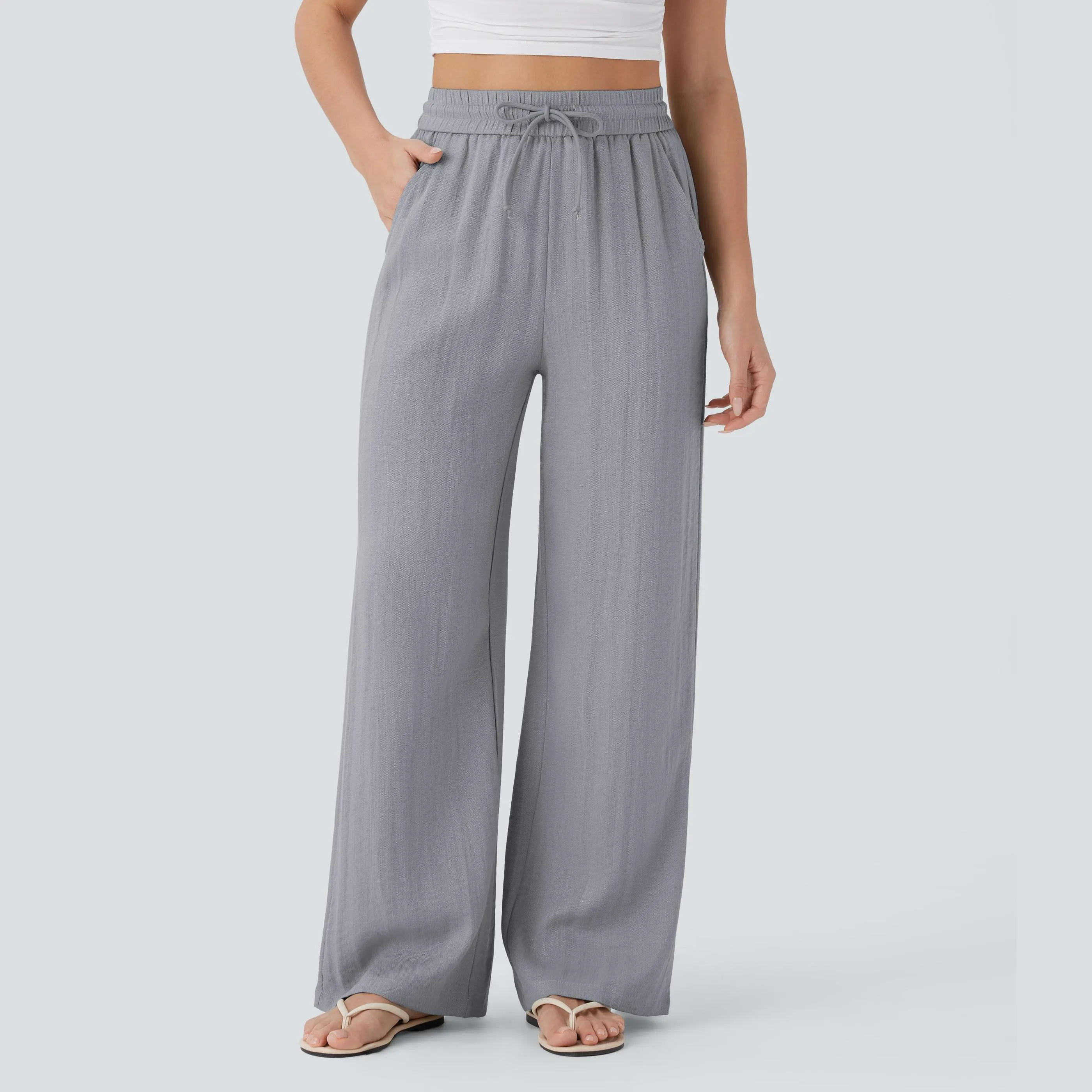 High Waisted Drawstring Pocket Wide Leg Casual Linen-Feel Pants