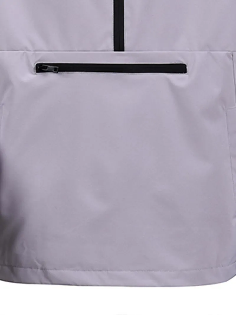 One black half-zip pullover with hoodie, outdoor camping style, large pockets, made of stain-resistant fabric