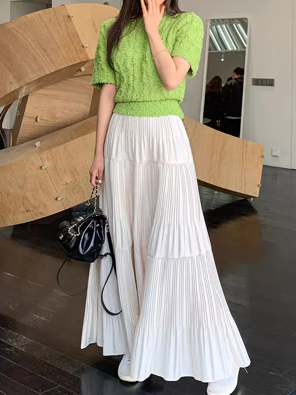 Pleated Solid Color Split-Joint A-Line High Waisted Skirts Bottoms