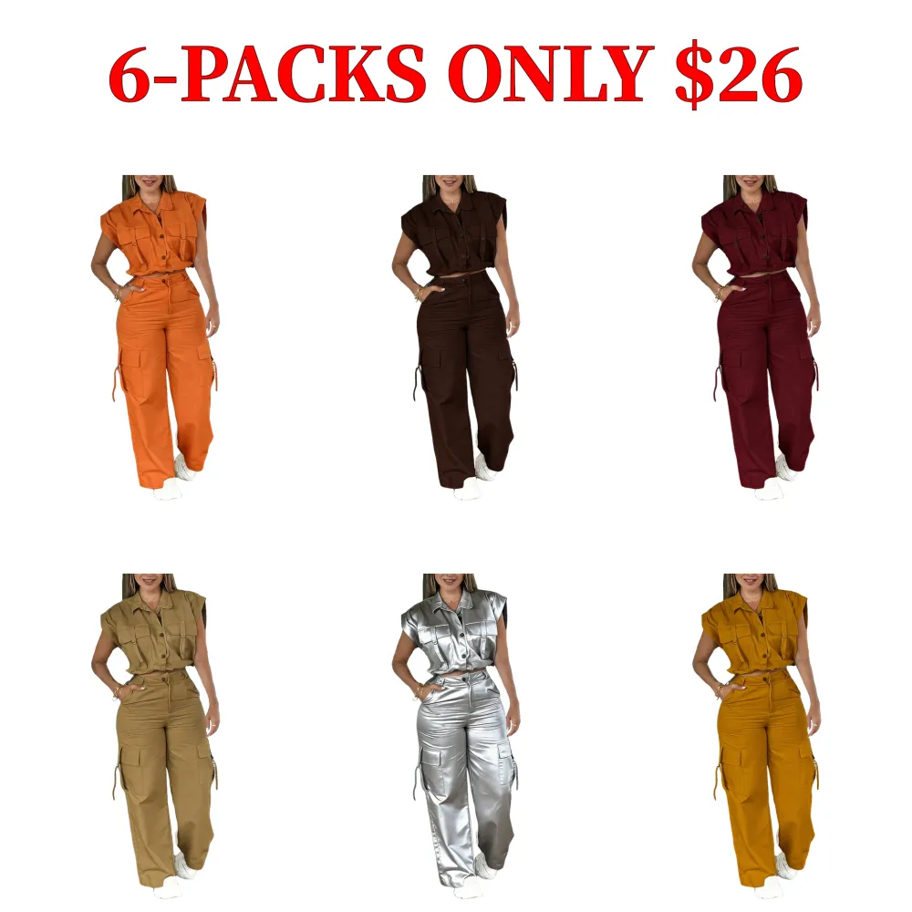 Women's solid-colored button-up vest top paired with cargo pants.