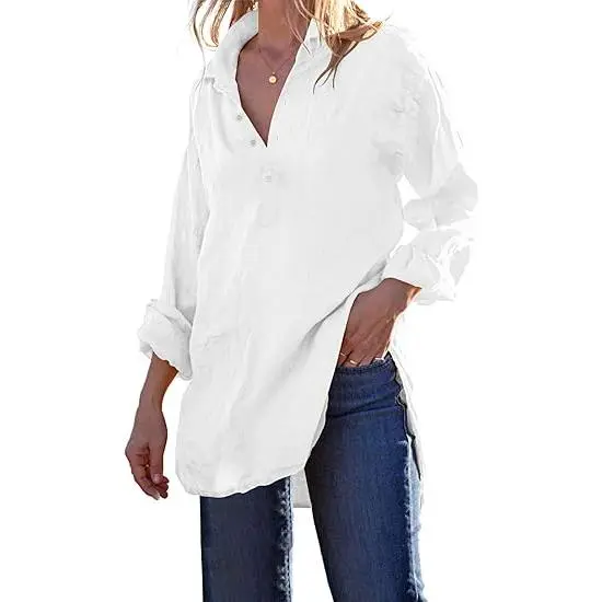Womens Cotton Linen Tunic Shirts Button Down Long Sleeve Blouse Tops Beach Cover Up