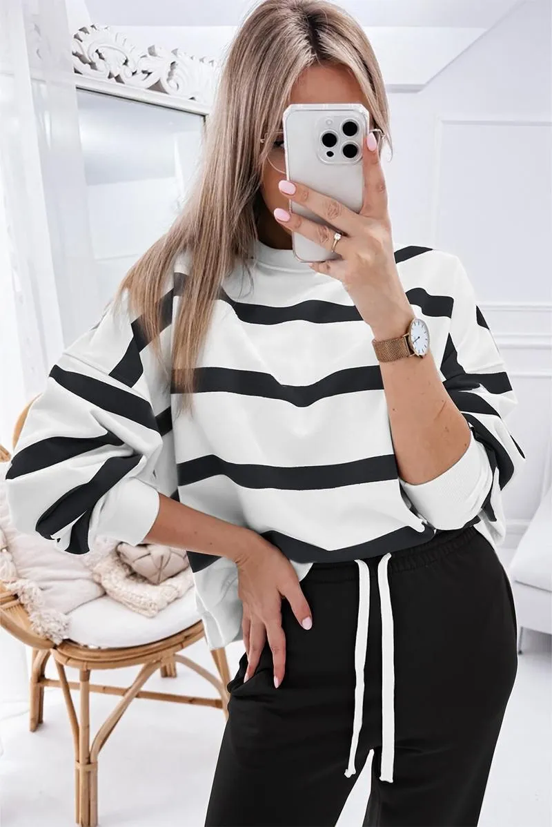 Women's Striped Two Piece Outfit Long Sleeve Drop Shoulder Pullover Tops & Jogger Pants Sets