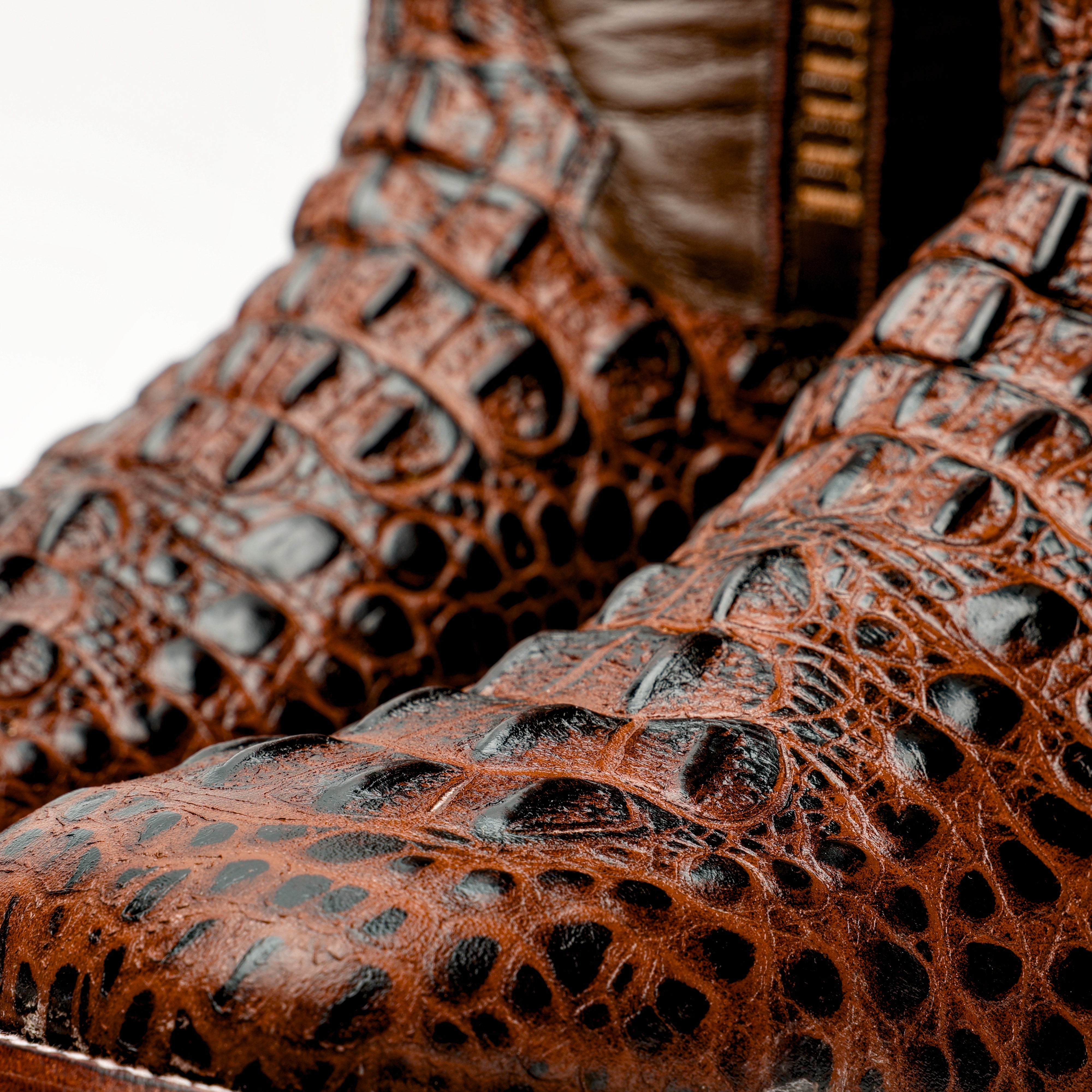 Brown Caiman Neck Leather Boots - Square Toe