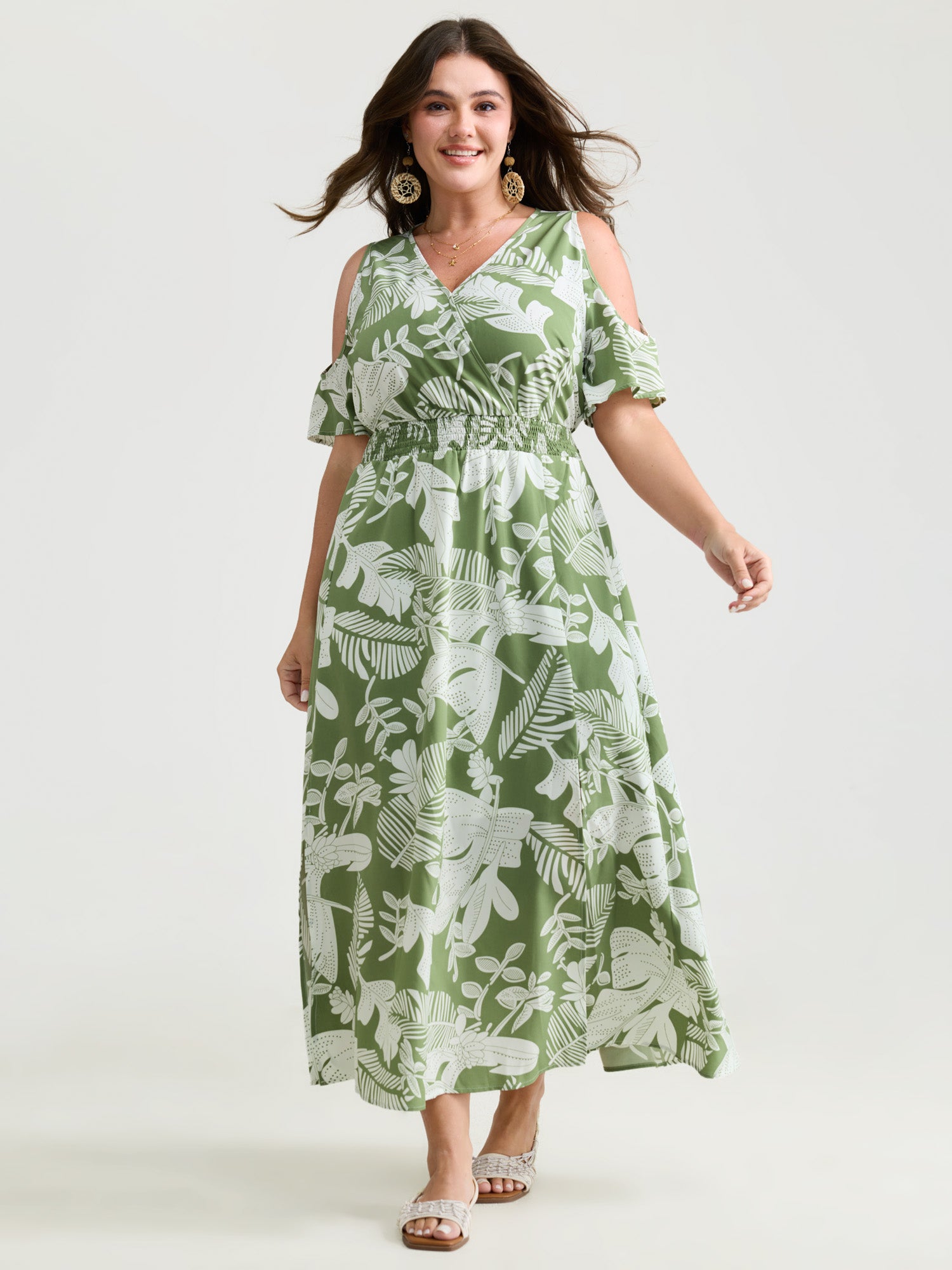 Tropical Floral Print Cut-Out Shoulder Maxi Dress