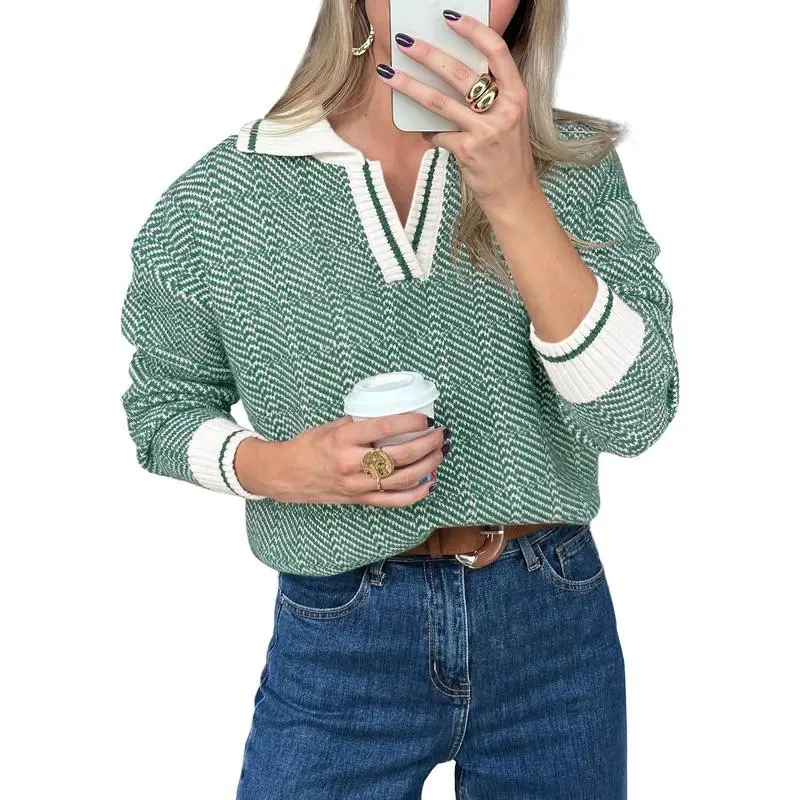 Womens V Neck Knit Sweater Color Block Long Sleeve