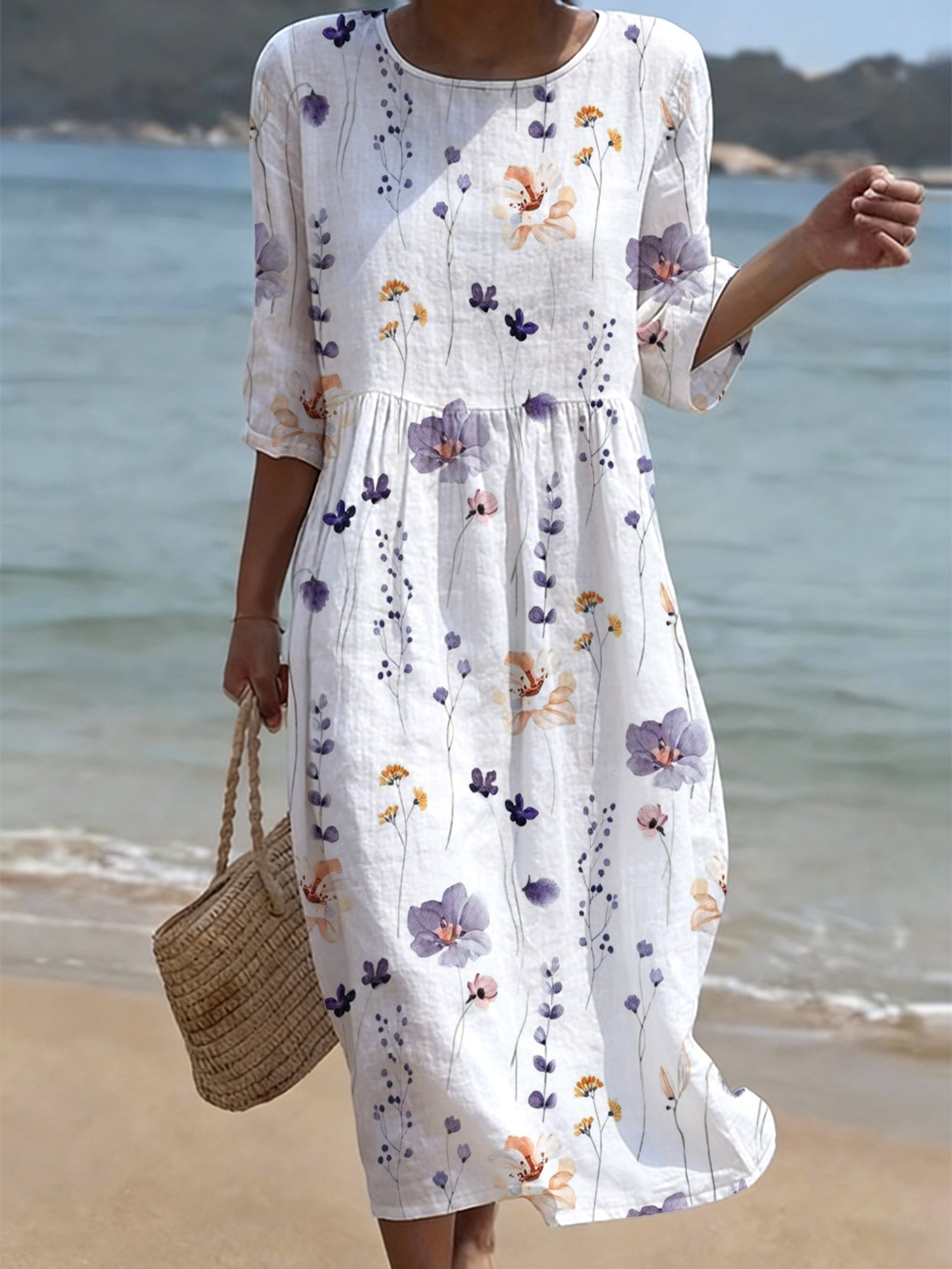Women's Casual Round Neck Mid-Sleeve Floral Print Cotton Linen Dress- Fast Shipping