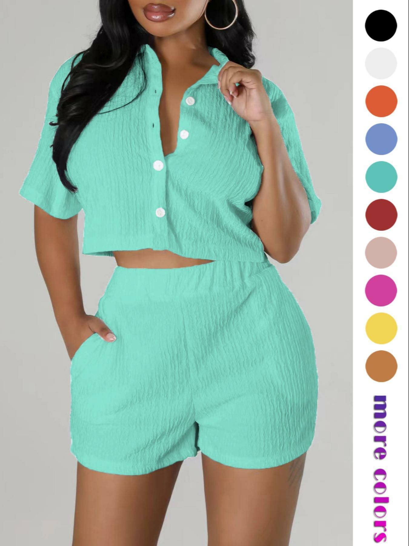 Women's 2-Piece Textured Button Front Shirt & Elastic Waist Shorts Set