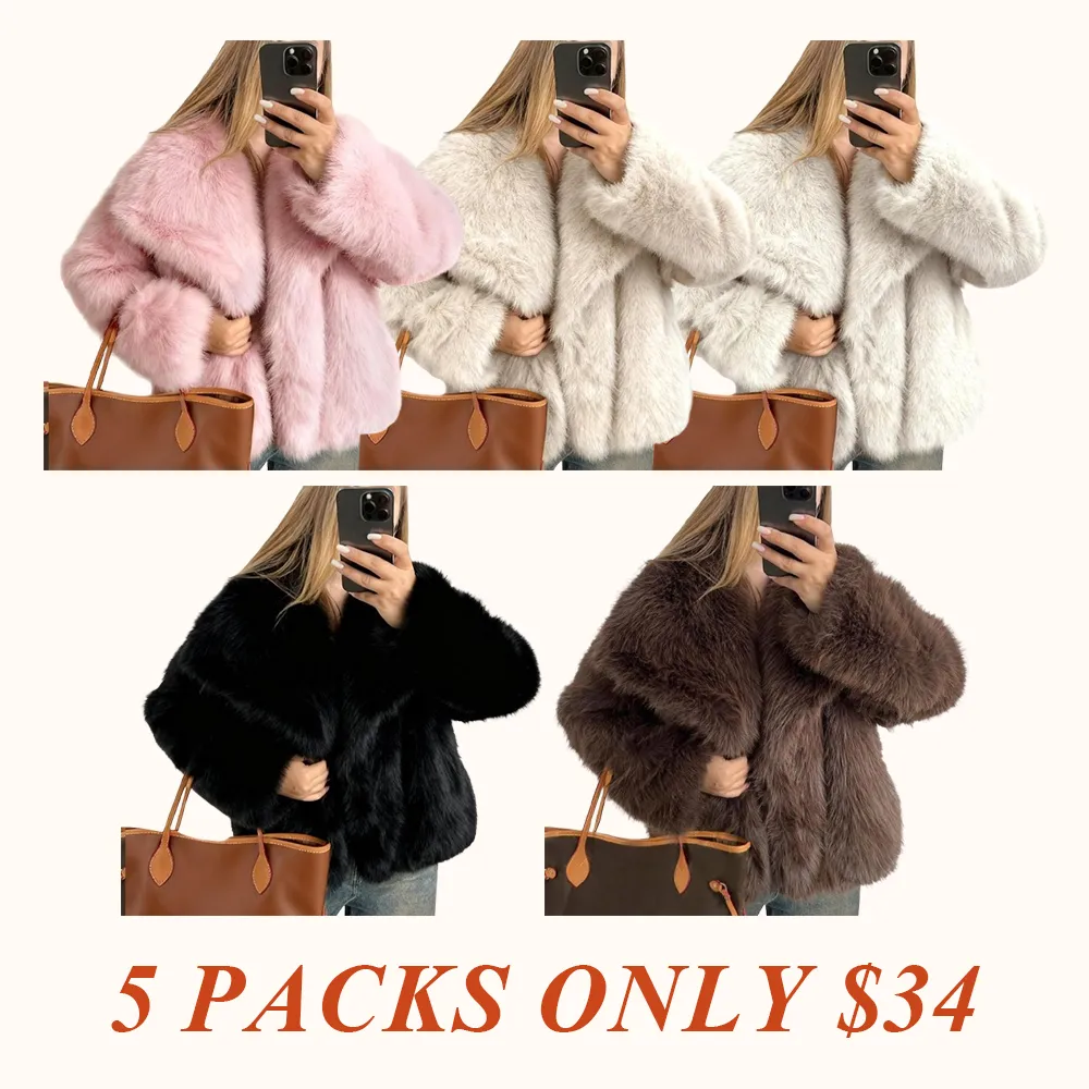 Women's Brown Faux Fur Coat Winter Fluffy Short Jacket