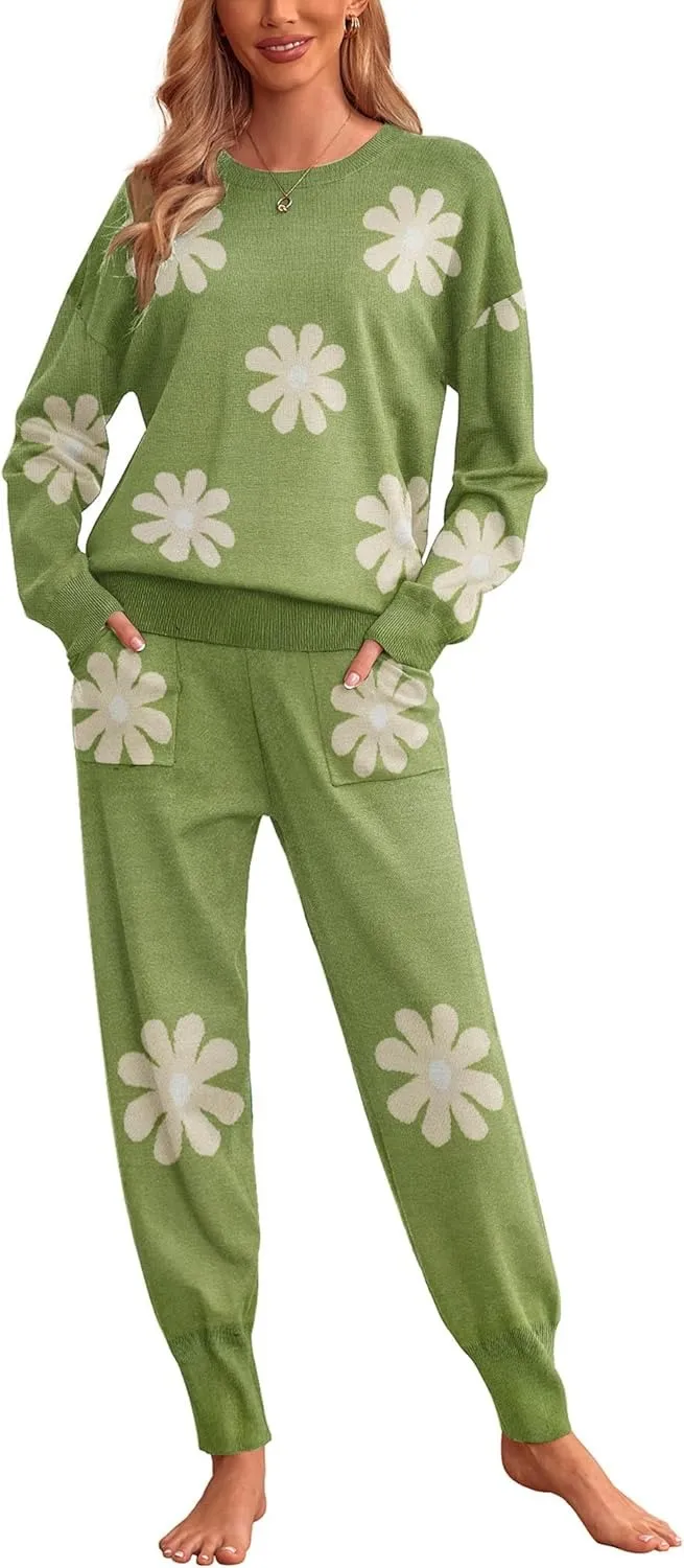 Women's Long Sleeve Knit Loungewear Set Jogger Pants Outfit