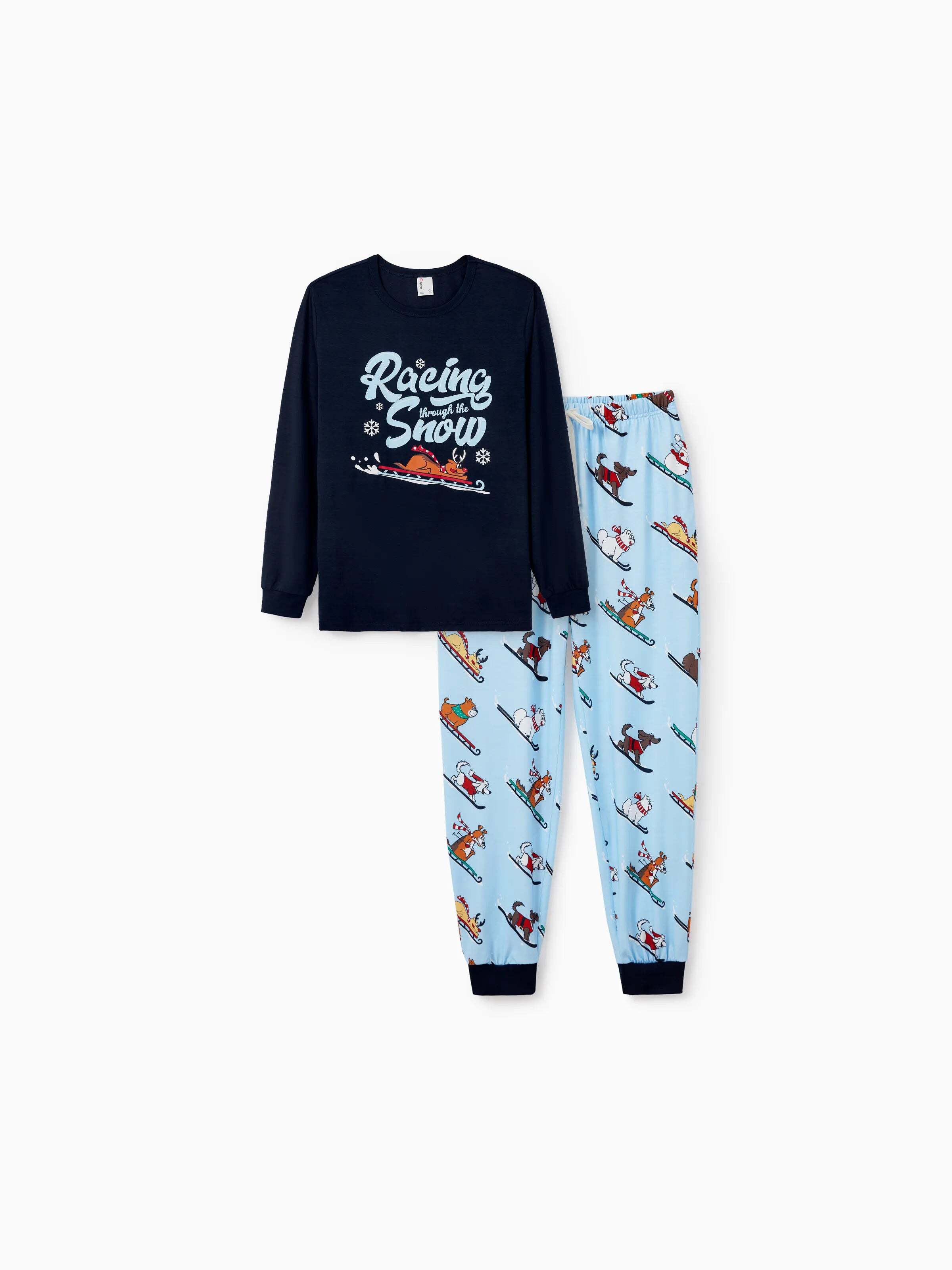 Christmas Matching Family Pajamas Set Sled Dogs Print PJS with Christmas Socks Blue