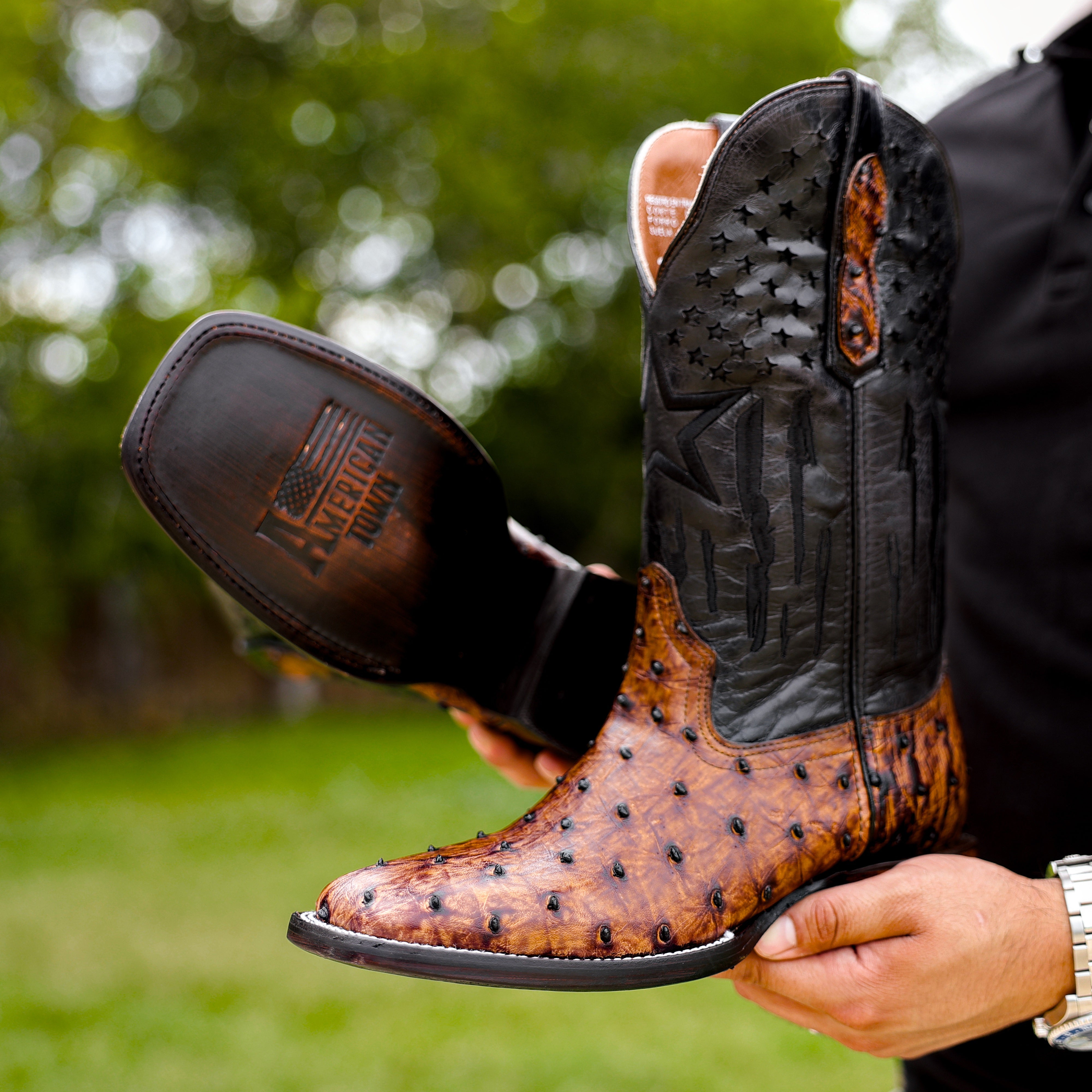 Honey Cognac Ostrich Leather Boots - Square Toe