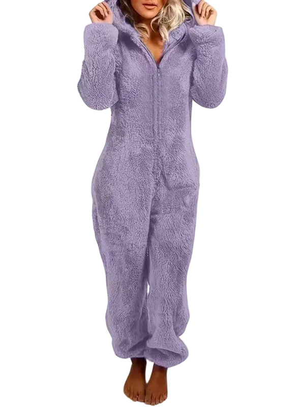 Women's Solid Zipper Hooded Plush Pajama Jumpsuit