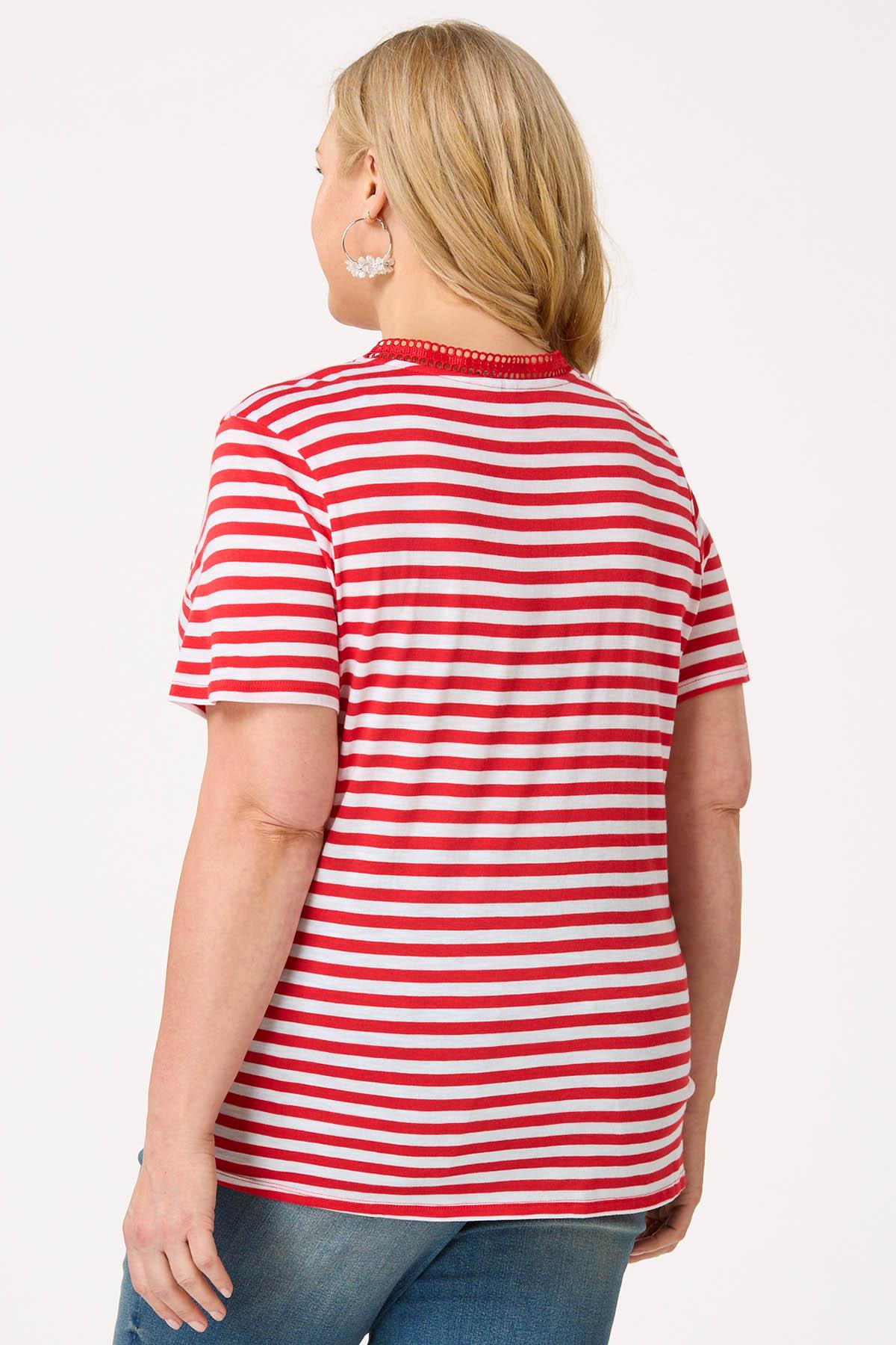 Plus Size Stripe Crochet Trim Top