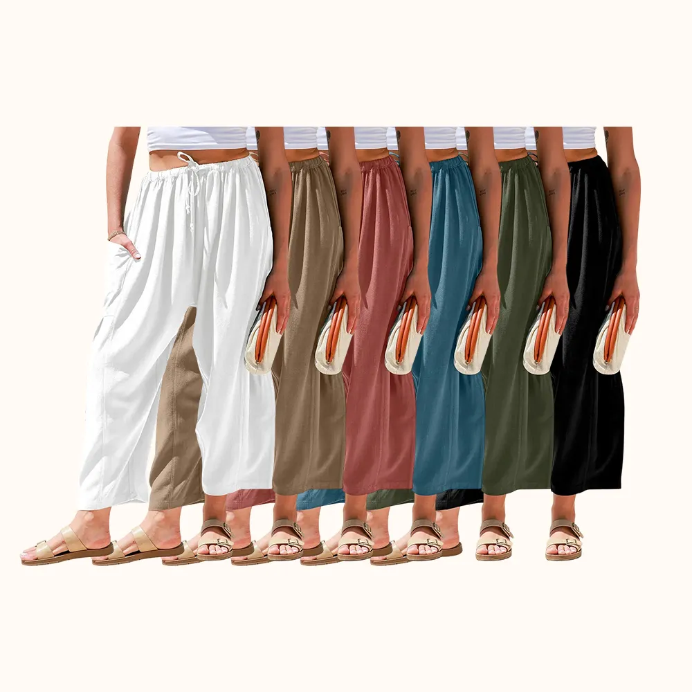 Womens Linen Wide Leg Pants Oversize Casual Loose Fit Beach Palazzo Harem Pants