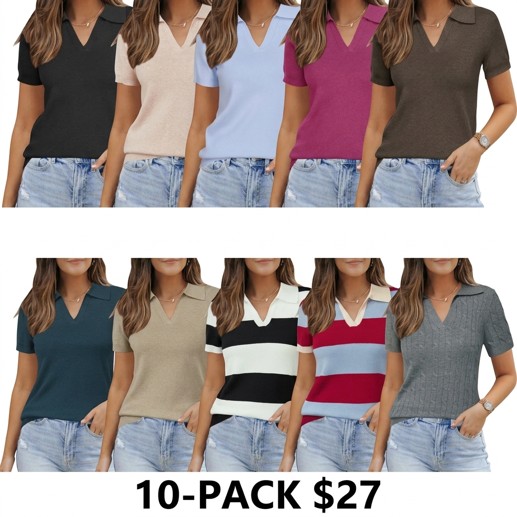 Women's Wool Blend Short Sleeve Polo Shirt – Soft Business Casual Summer Sweater Top